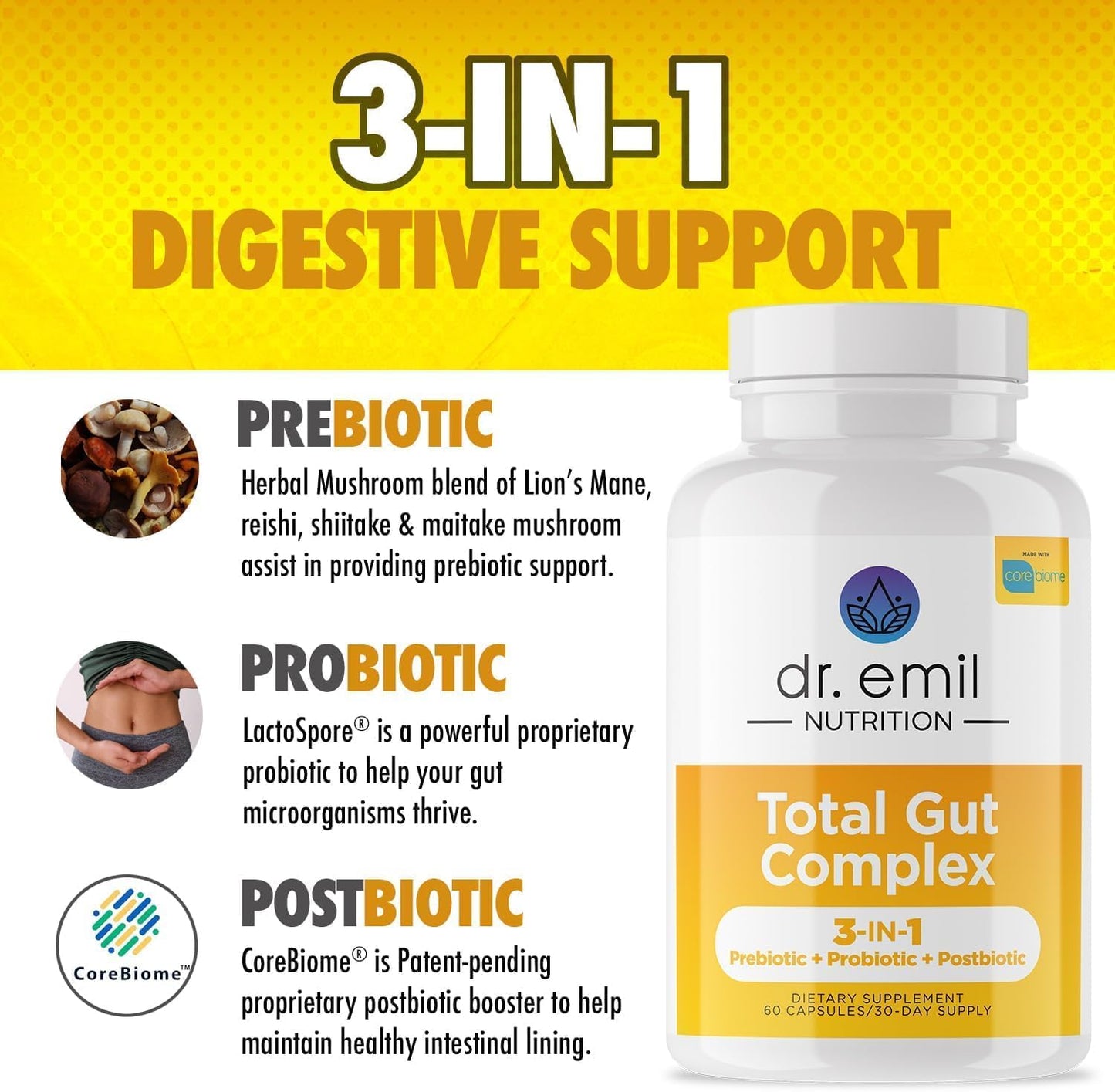 Dr. Emil Nutrition Total Gut Health Complex - Prebiotic, Probiotic, Postbiotic Supplements for Digestive Health - 120 Capsules for Men and Women