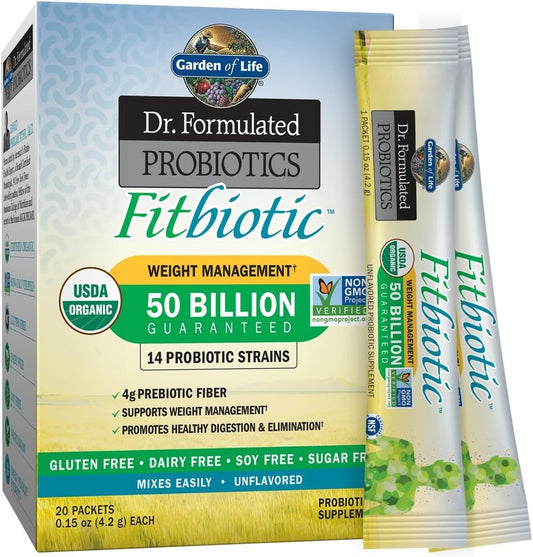 Dr. Formulated Probiotics Fitbiotic Weight Management Powder - 50 Billion CFU & Fiber, Organic & Non-GMO Digestive Gut Health Supplement - 3 Oz, Pack of 20