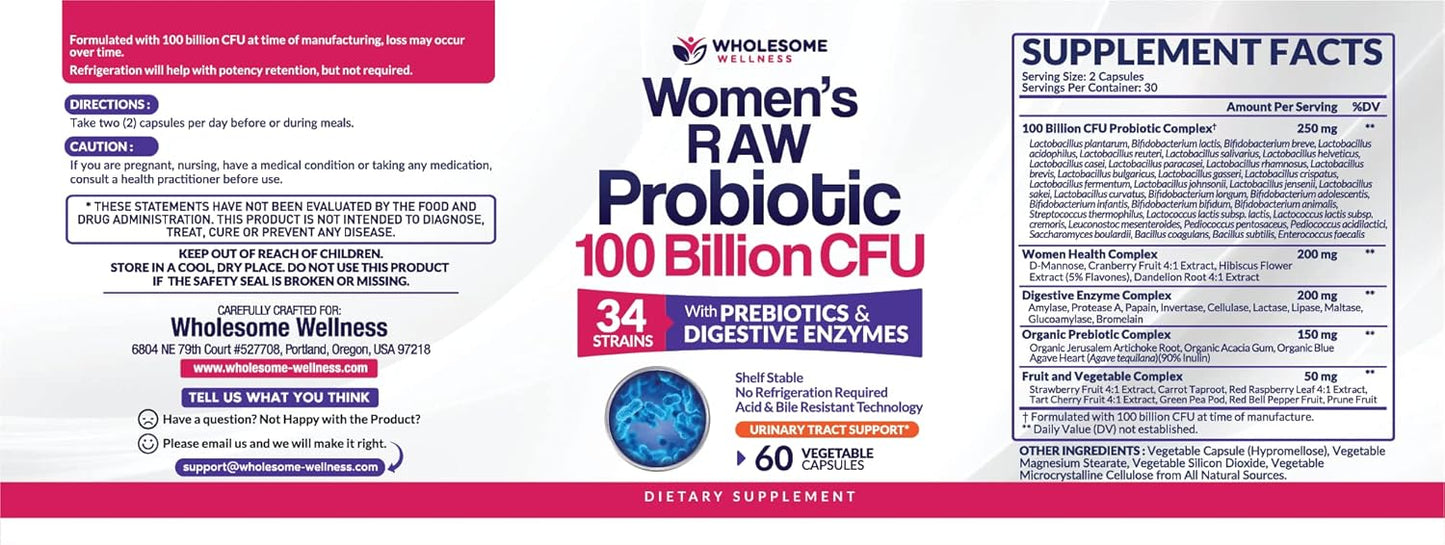 Dr. Formulated Raw Probiotics for Women - 100 Billion CFUs Capsules with Prebiotics and Digestive Enzymes, Shelf Stable Supplement for Adults