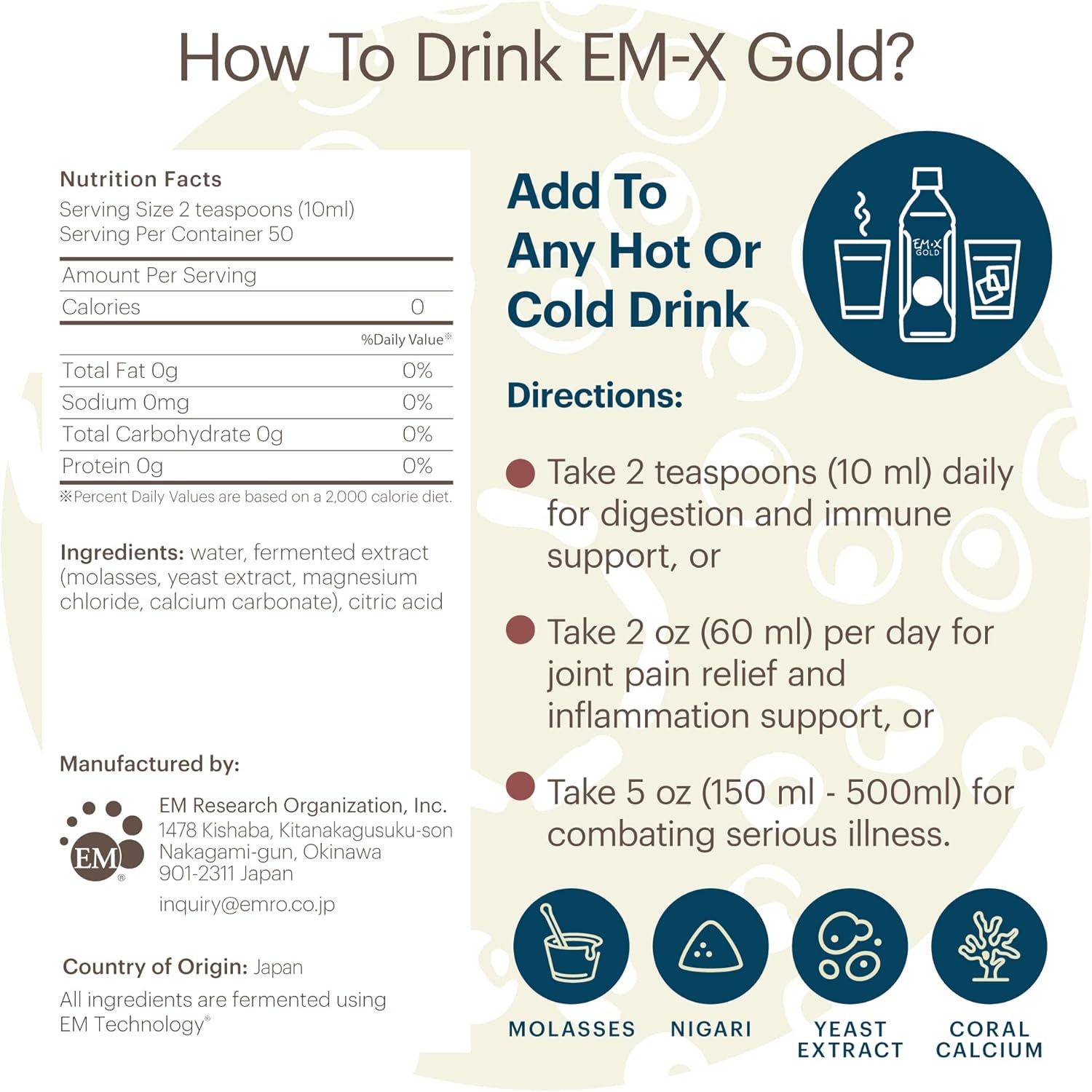 Dr. Formulated TeraGanix EM-X Gold Prebiotic Drink for Gut Health & Anti-Aging, Joint Pain Relief, Liquid Antioxidant Supplement (500mL)