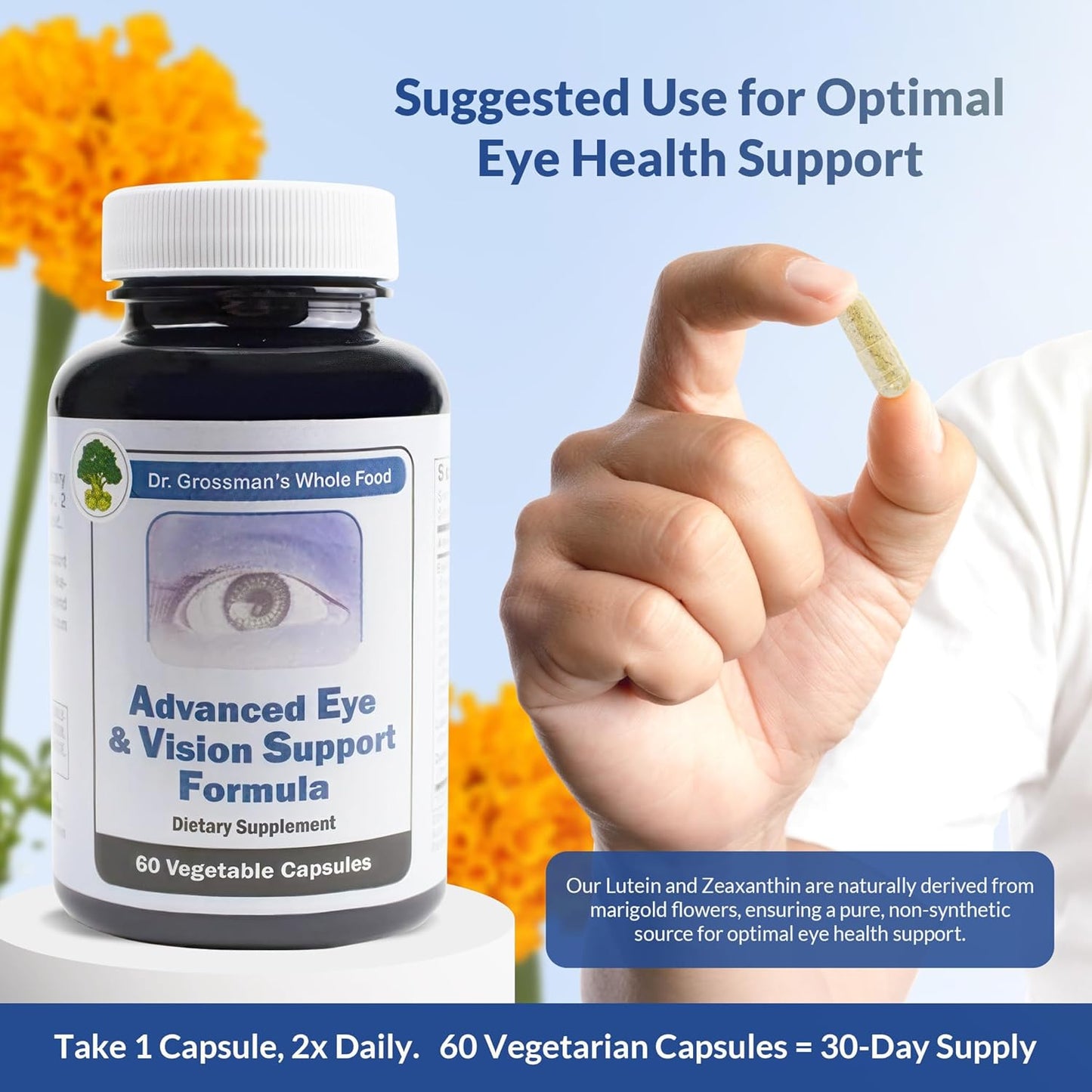 Dr. Grossman's Whole Food Eye Supplements for Eyesight - Advanced Vision Support Formula with Lutein, Zeaxanthin, Organic Prickly Pear, Bilberry - 30 Day Supply