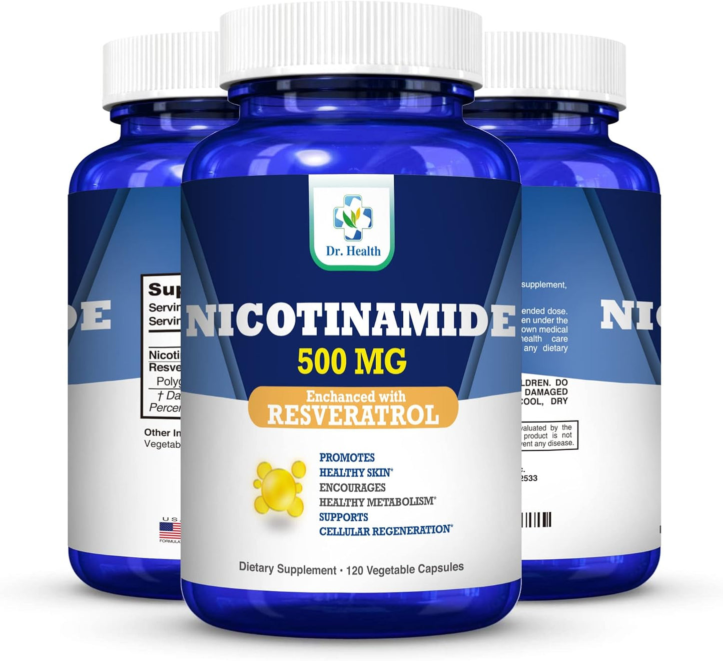 DR. HEALTH Nicotinamide 500mg with Resveratrol 100mg Capsules - 120 Count - Antioxidant Dietary Supplement for Cellular Health & Energy