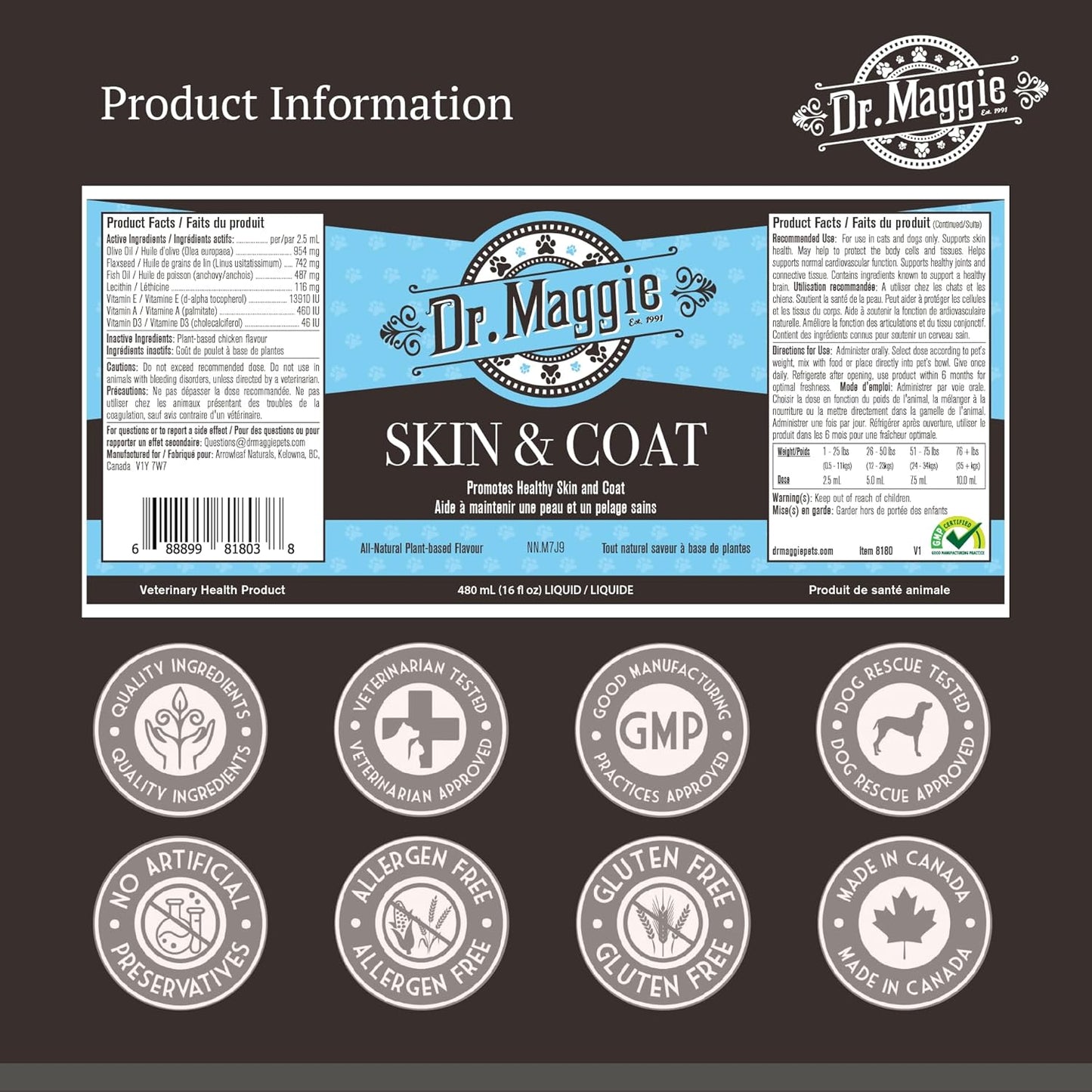 Dr. Maggie Omega 3 Supplement for Skin and Coat | Fish Oil, Flax, and Olive Oil | 480 ml Bottle