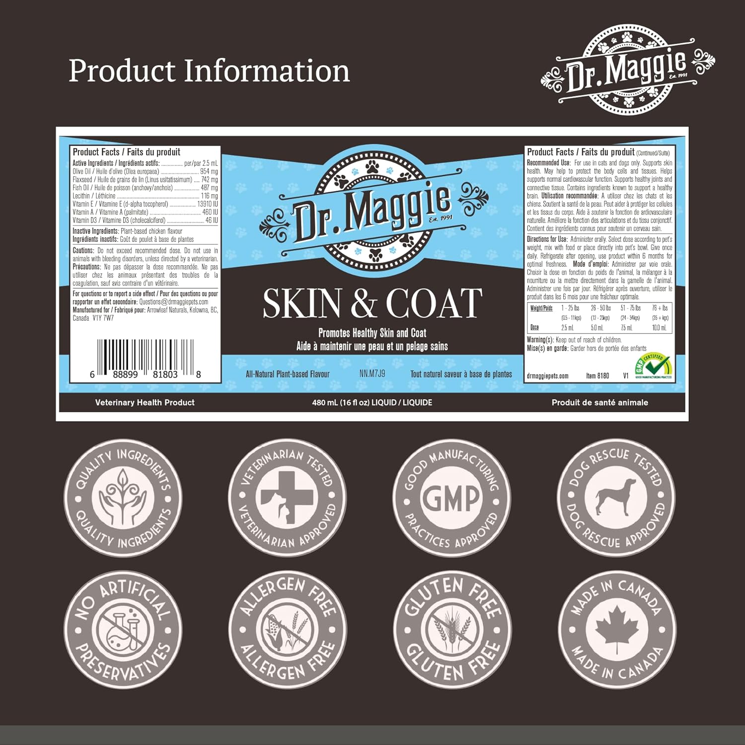 Dr. Maggie Omega 3 Supplement for Skin and Coat | Fish Oil, Flax, and Olive Oil | 480 ml Bottle