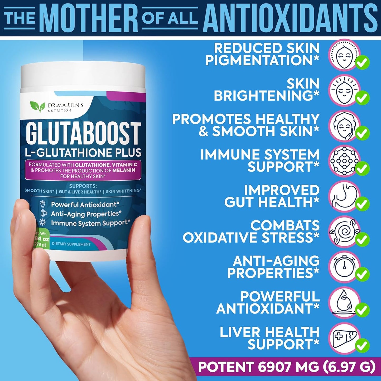 Dr. Martin's Glutathione Powder with Collagen, Vitamin C - Skin Whitening & Anti-Aging Formula - Powerful Antioxidant