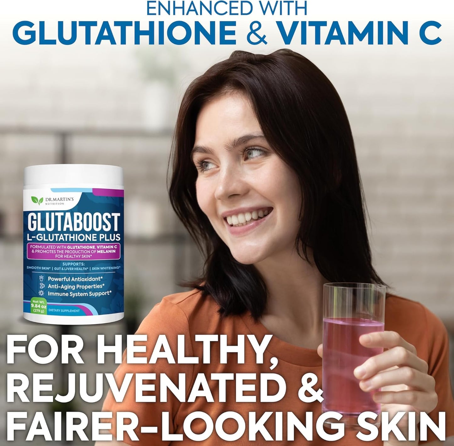 Dr. Martin's Glutathione Powder with Collagen, Vitamin C - Skin Whitening & Anti-Aging Formula - Powerful Antioxidant
