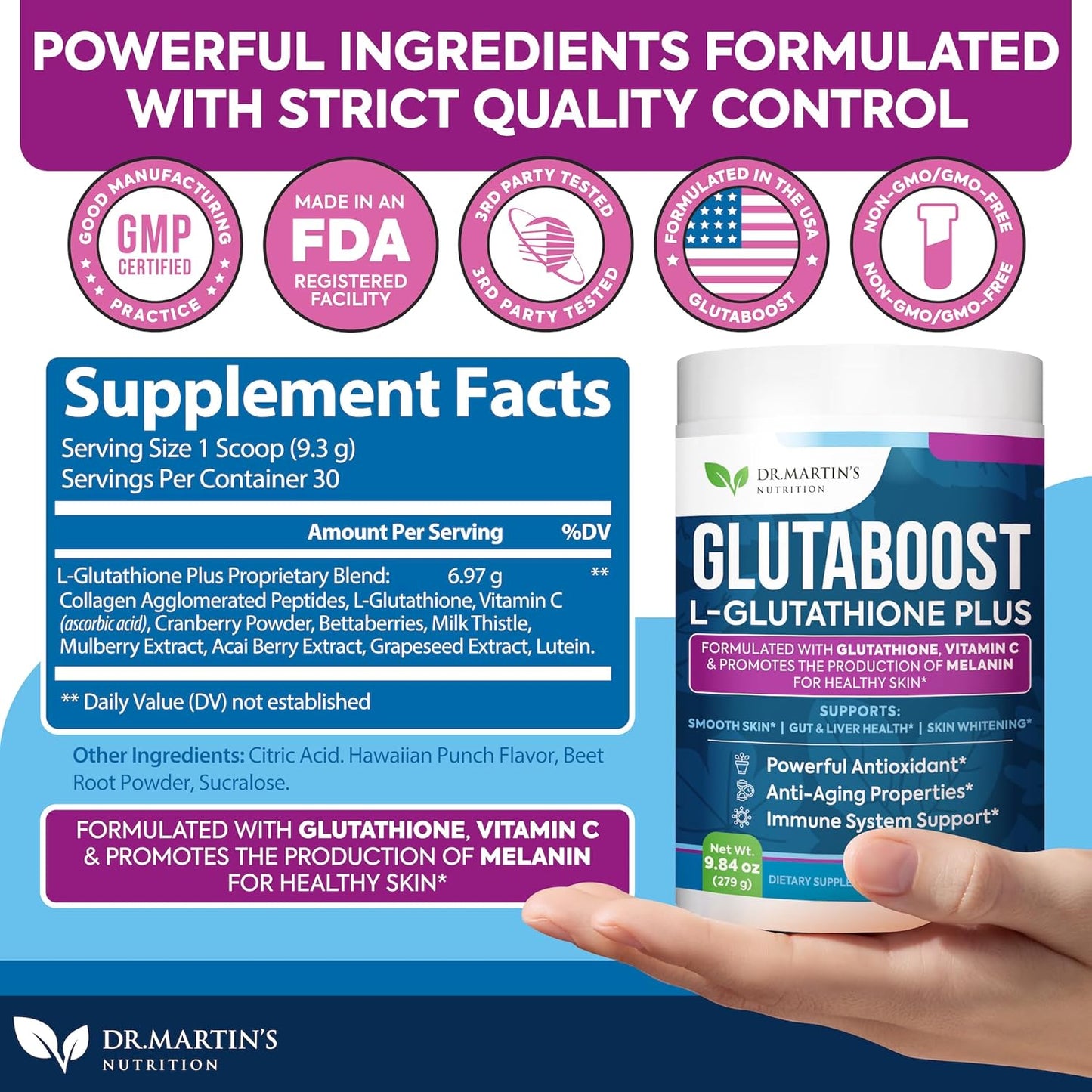 Dr. Martin's Glutathione Powder with Collagen, Vitamin C - Skin Whitening & Anti-Aging Formula - Powerful Antioxidant