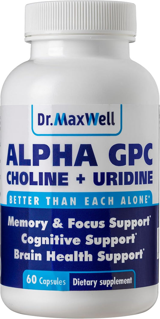Dr. Maxwell Alpha GPC 600mg + Uridine: Ultimate Choline Enhancer with Acetylcholine Precursor - 2in1, Soy Free, No Fillers - 60 Pills
