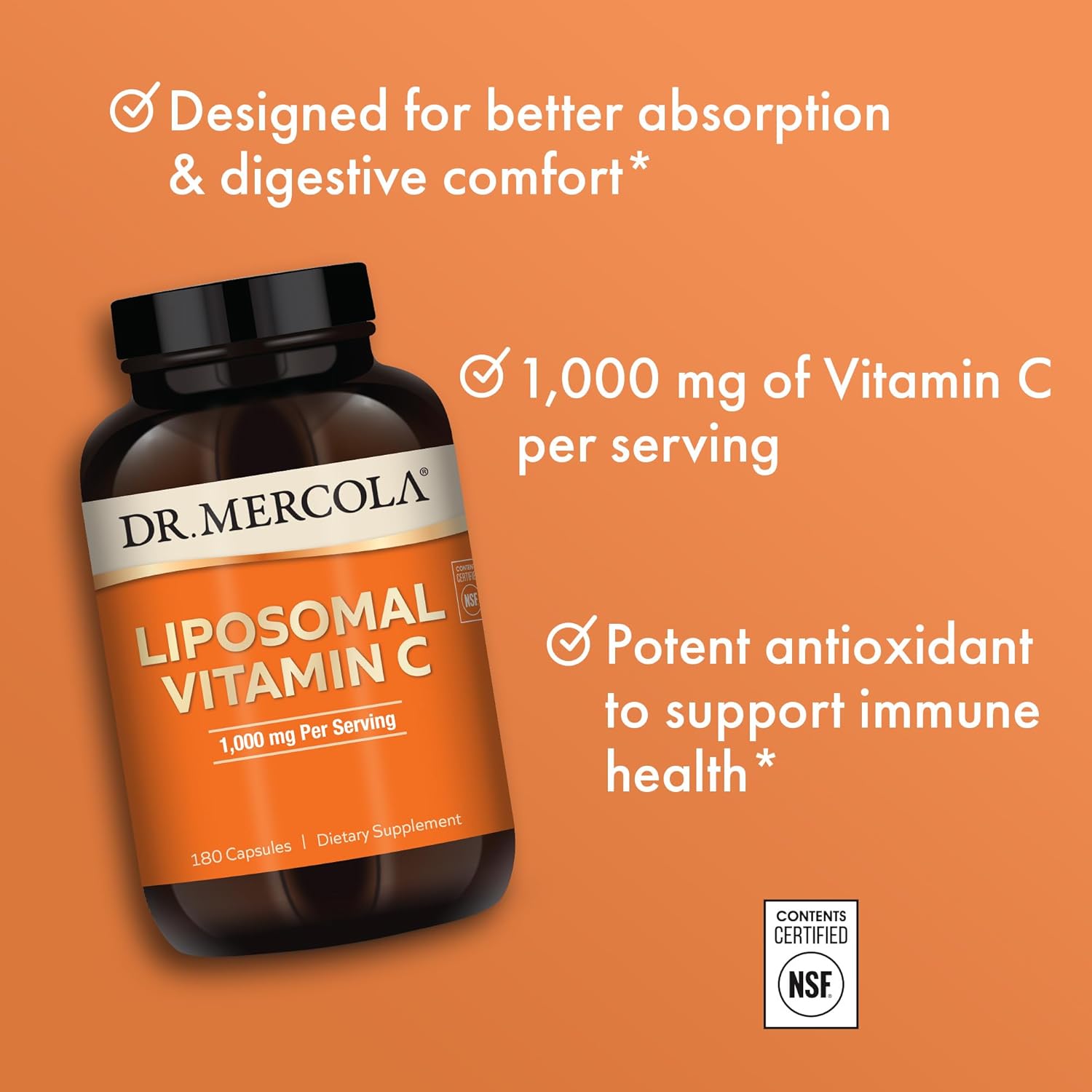 Dr. Mercola Liposomal Vitamin C 1000mg - 90 Servings (180 Capsules) - Immune Health Support - Non GMO - NSF Certified