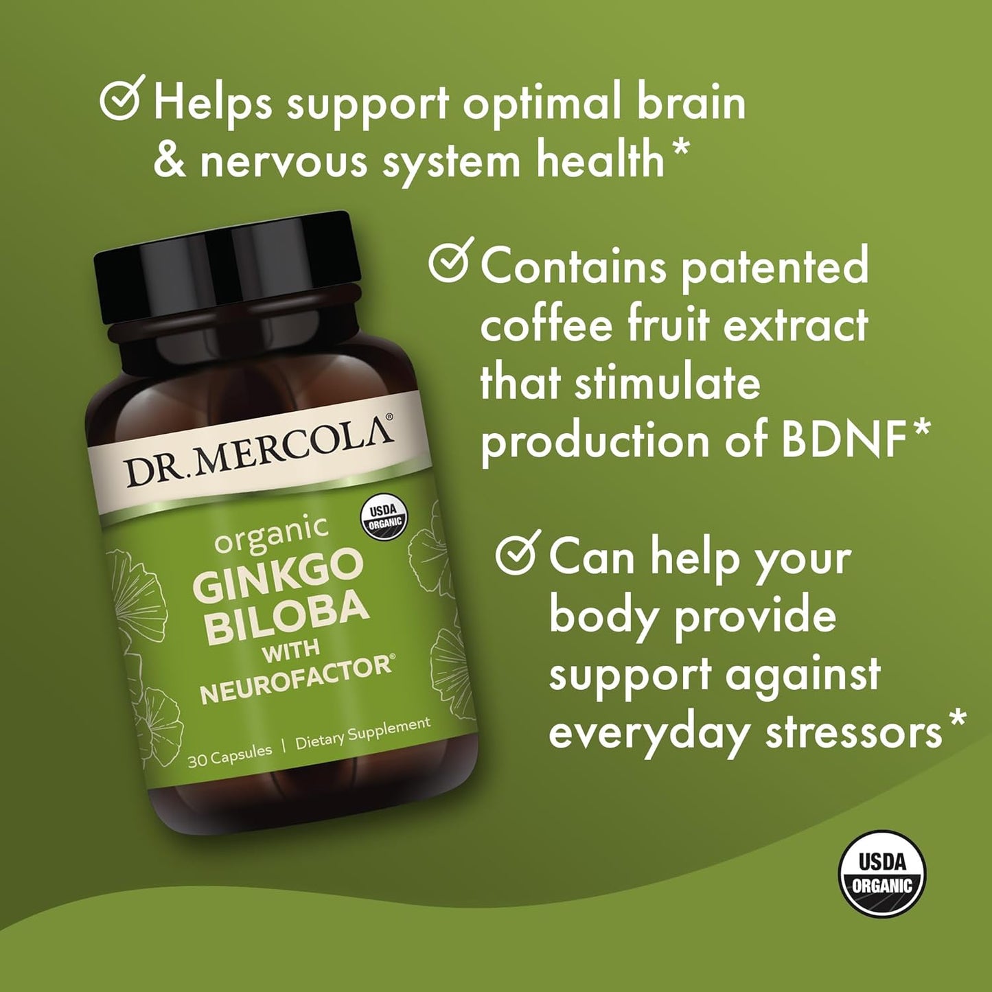 Dr. Mercola Organic Ginkgo Biloba with Coffee Fruit Extract Dietary Supplement, 30 Servings per Container (30 Capsules), Supports Mitochondrial Health as Well as Brain and Cognitive Function