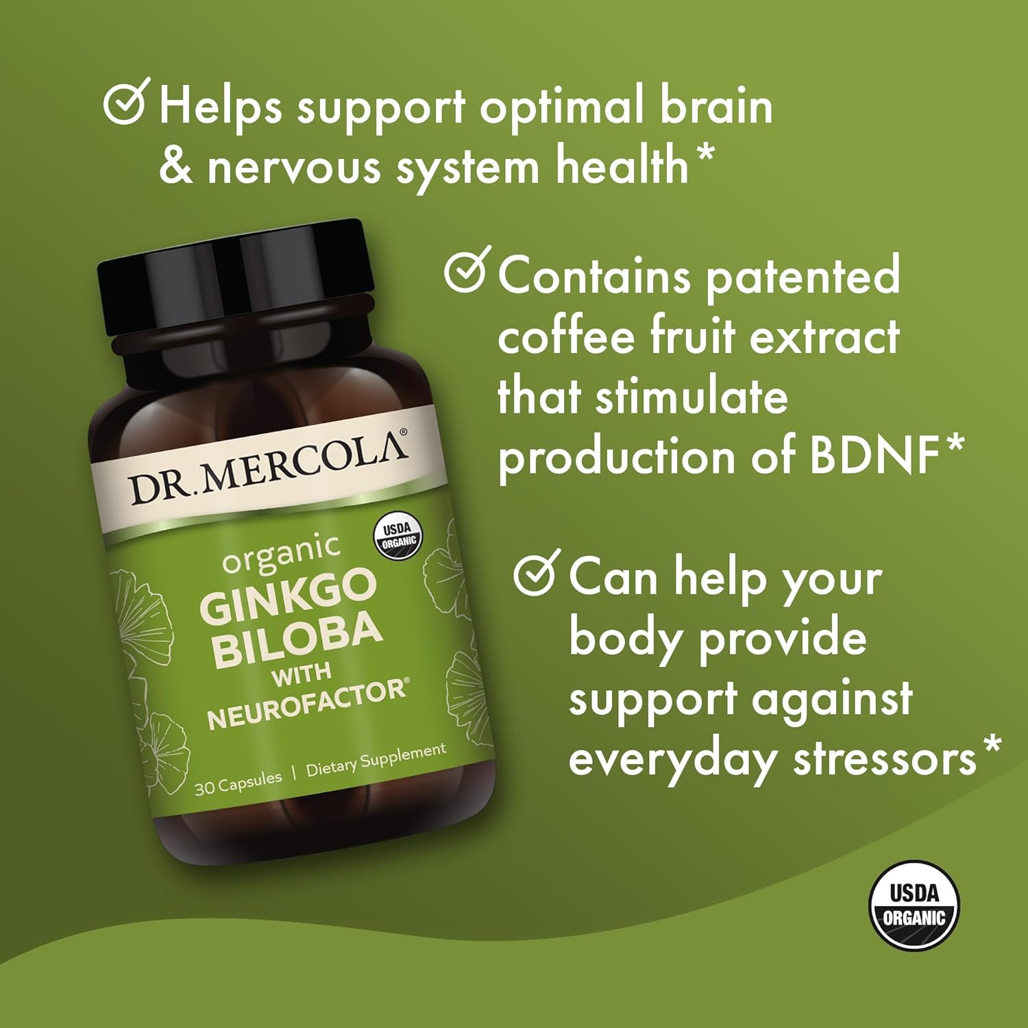 Dr. Mercola Organic Ginkgo Biloba with Coffee Fruit Extract Dietary Supplement, 30 Servings per Container (30 Capsules), Supports Mitochondrial Health as Well as Brain and Cognitive Function