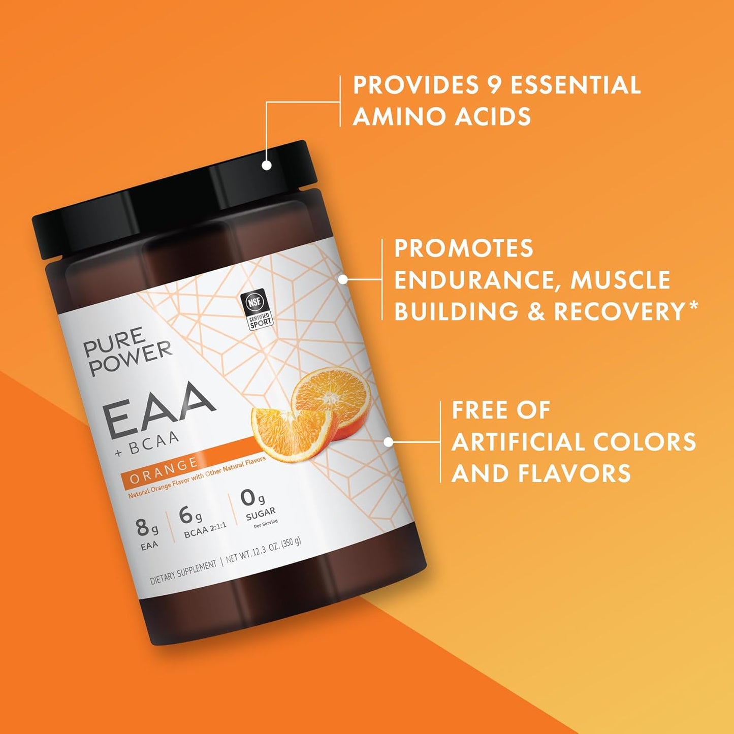 Dr. Mercola Pure Power Essential Amino Acids with BCAA, Orange Flavor, 12.3 oz - Non-GMO, NSF Certified for Sport