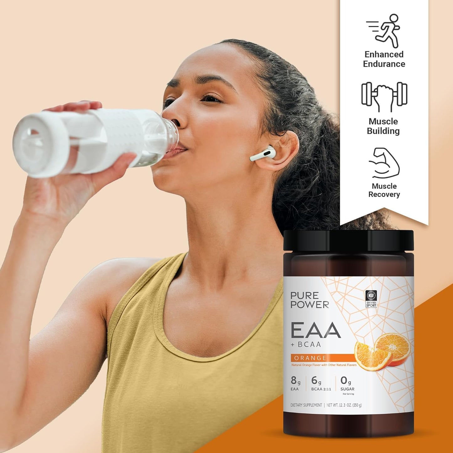 Dr. Mercola Pure Power Essential Amino Acids with BCAA, Orange Flavor, 12.3 oz - Non-GMO, NSF Certified for Sport