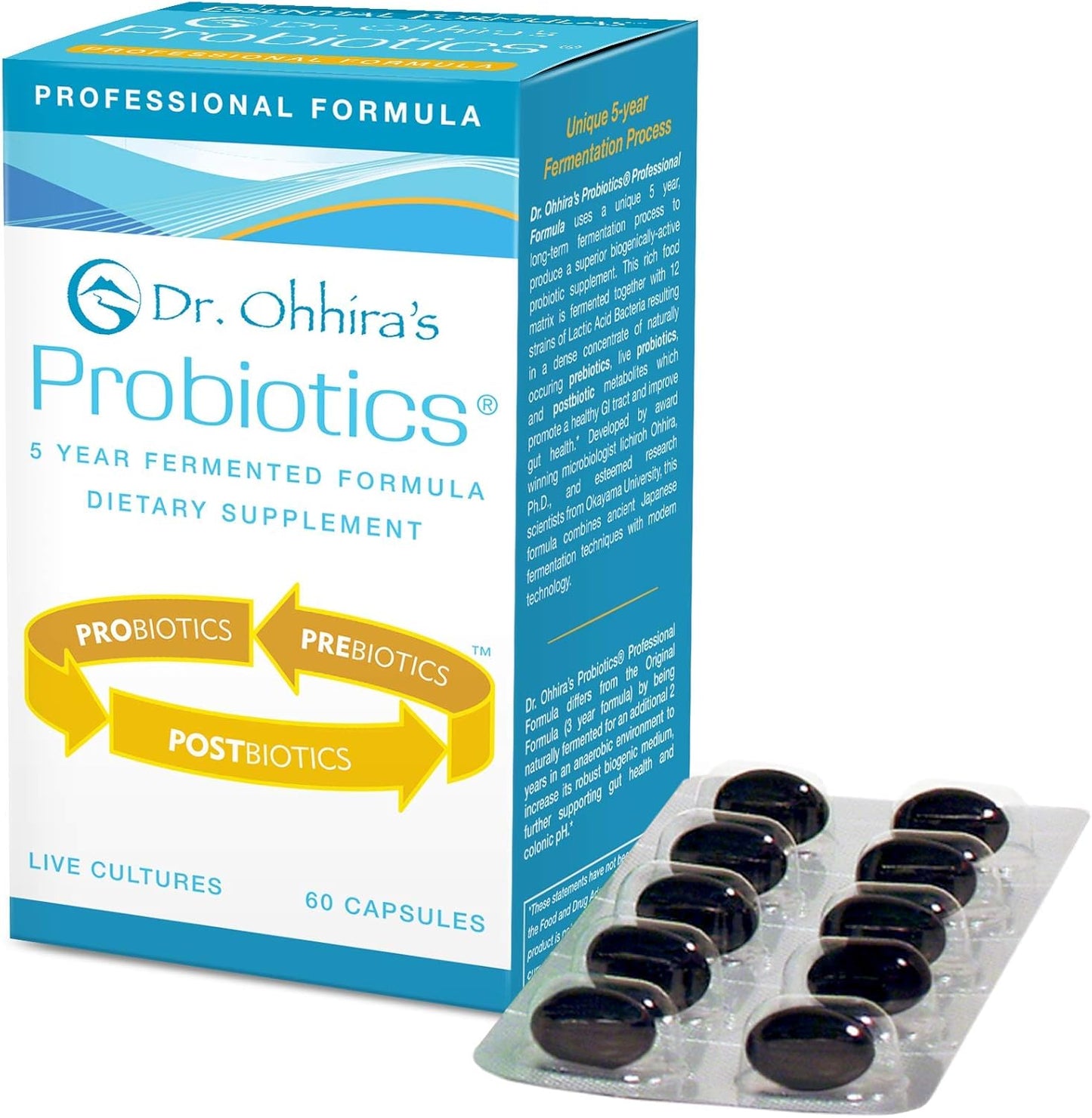 Dr. Ohhira’s Probiotics Professional Formula with 5 Year Fermented Prebiotics - 60 Capsules, Live Active Probiotics and Postbiotic Metabolites