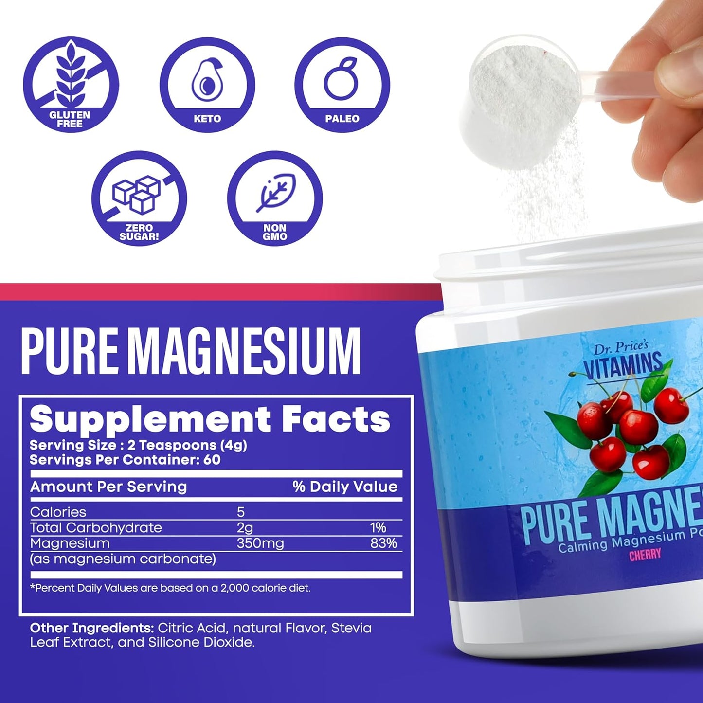 Dr. Price's Calming Magnesium Powder: Pure, Natural Anti-Stress Supplement - 60 Servings - Cherry Flavor - Non-GMO & Gluten Free