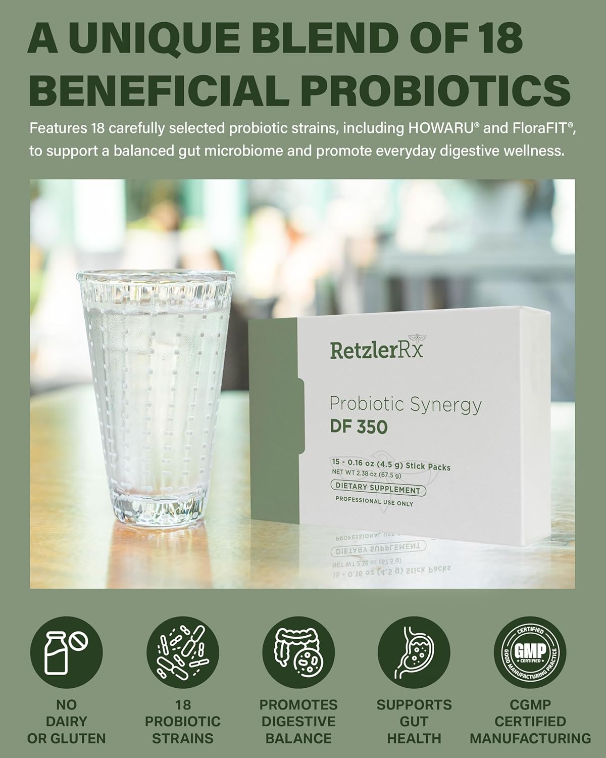 Dr. RetzlerRx Probiotic Synergy DF 350 - High Potency 18-Strain Supplement for Immune & Gut Health - 350 Billion CFU Dairy-Free Stick Packs
