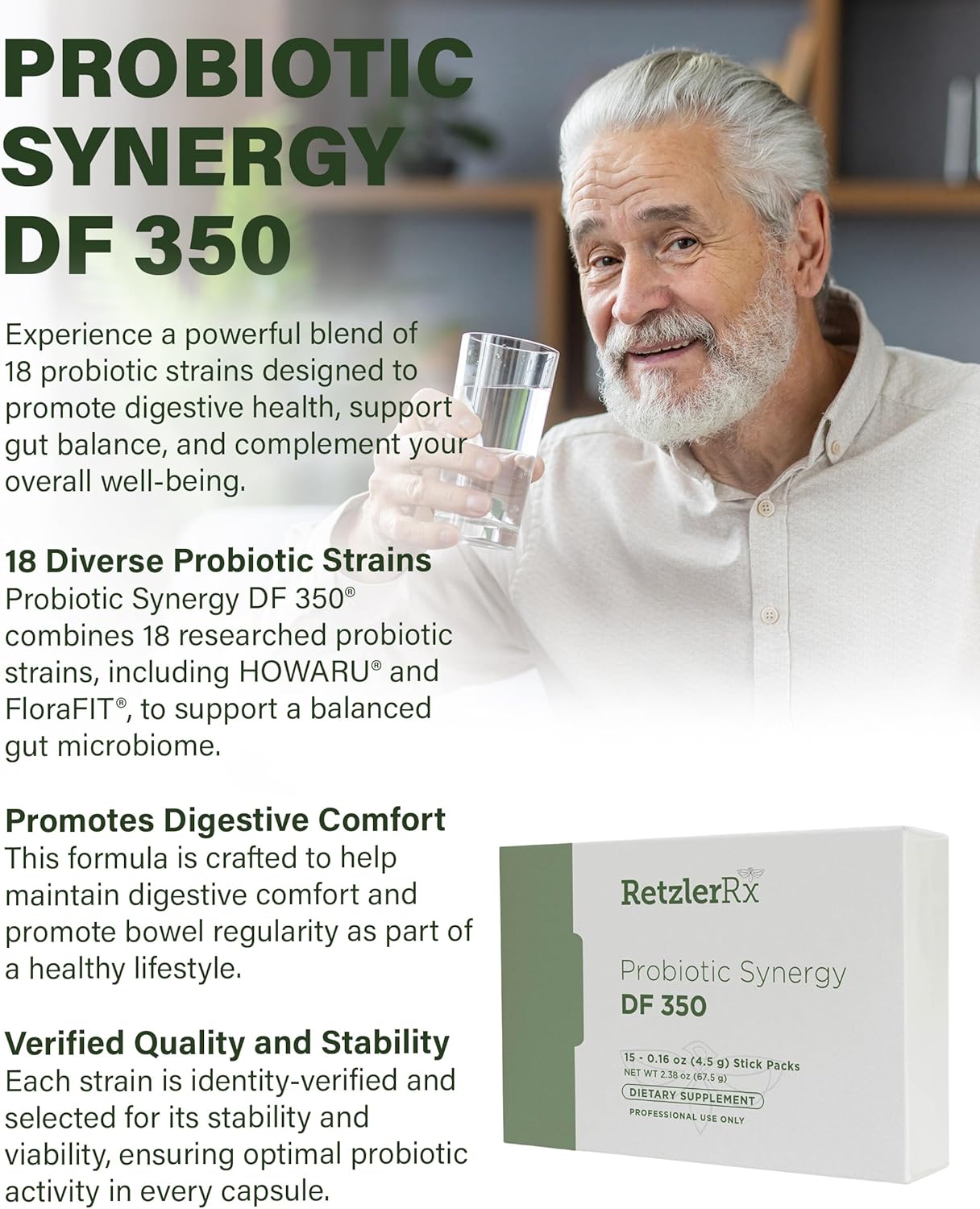 Dr. RetzlerRx Probiotic Synergy DF 350 - High Potency 18-Strain Supplement for Immune & Gut Health - 350 Billion CFU Dairy-Free Stick Packs