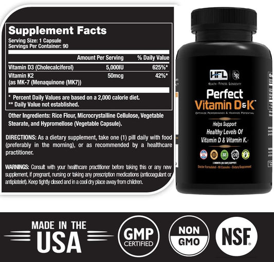 Dr. Sam Robbins HFL Perfect Vitamin D&K: 3 Month Supply of Vitamin D3 & K2 (MenaQ7® MK-7) for Vegan, Plant-Based Nutrition