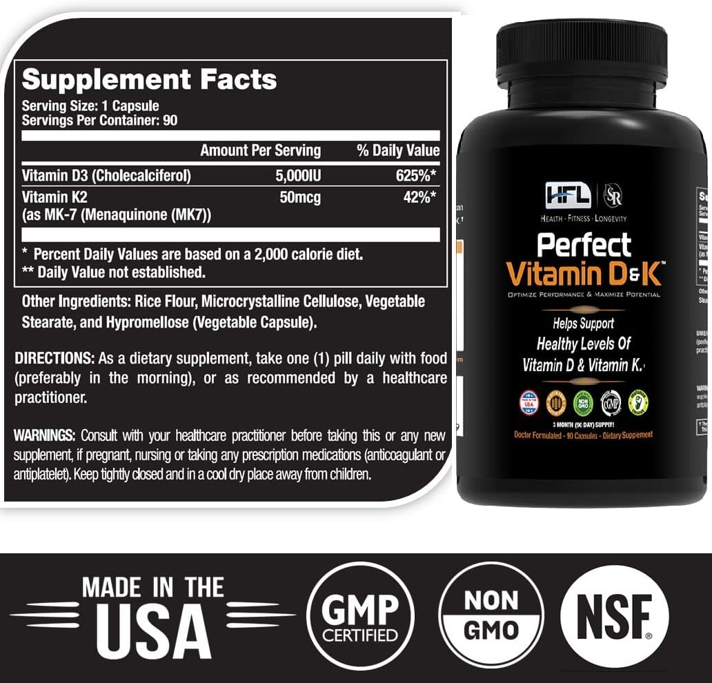 Dr. Sam Robbins HFL Perfect Vitamin D&K: 3 Month Supply of Vitamin D3 & K2 (MenaQ7® MK-7) for Vegan, Plant-Based Nutrition