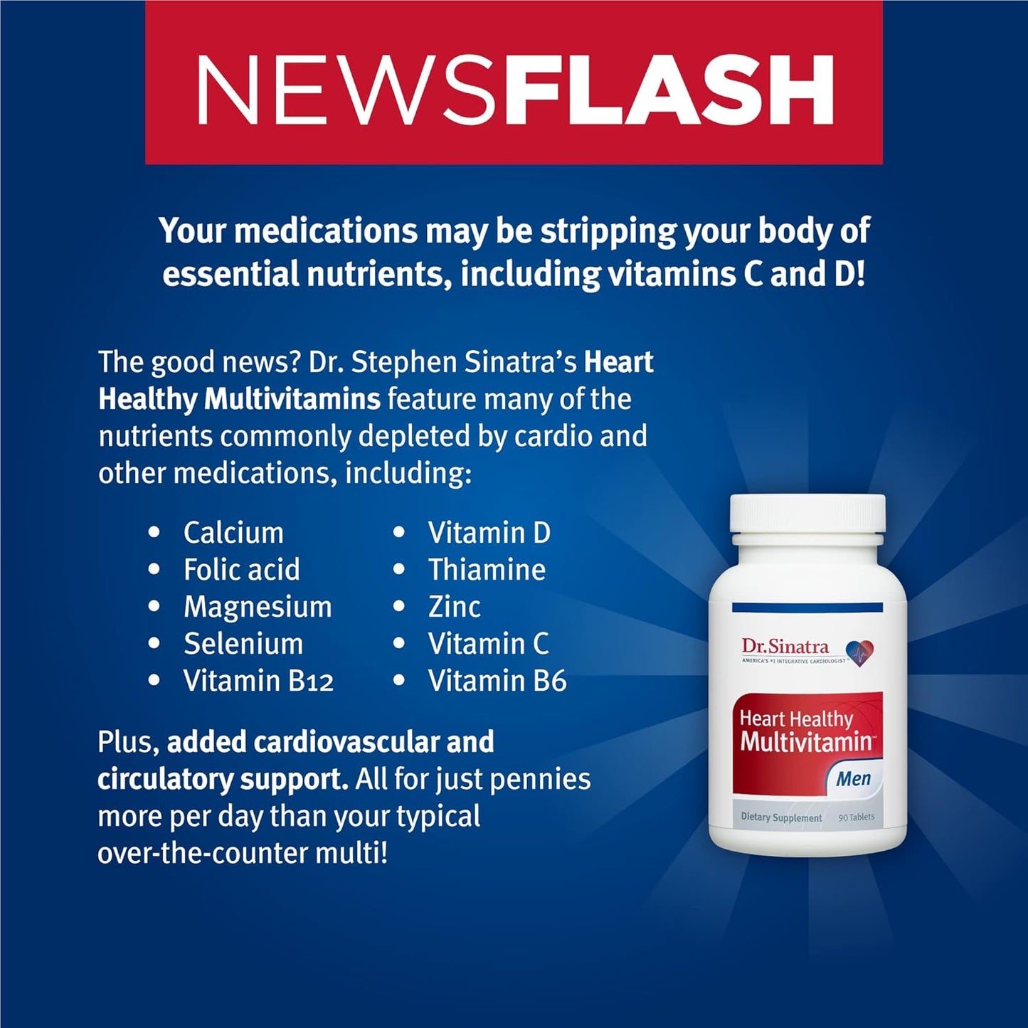 Dr. Sinatra Men's Heart Health Multivitamin with Vitamin D, A, B12, C, E, Zinc - 90 Tablets
