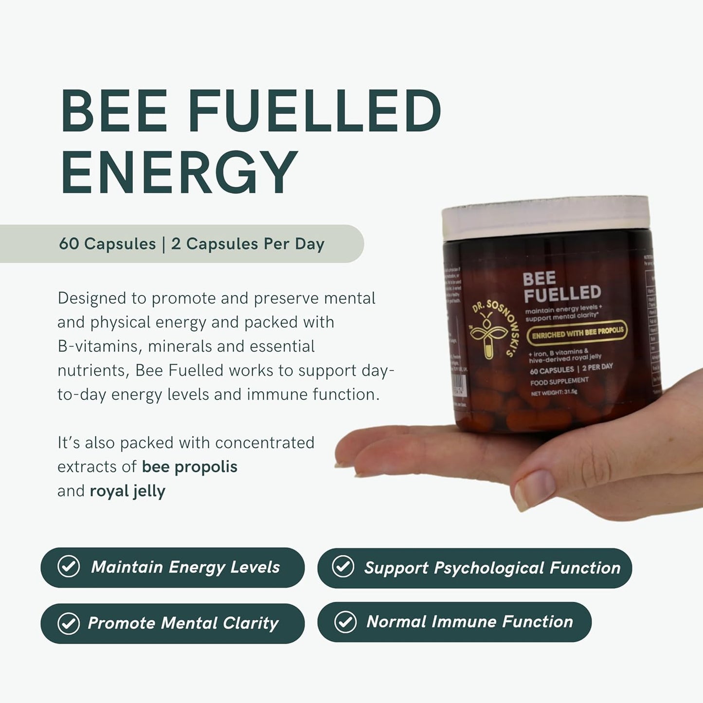 Dr. Sosnowski's Bee Fuelled Energy Supplement: Boost Mental & Physical Energy, 60 Vegetable Capsules