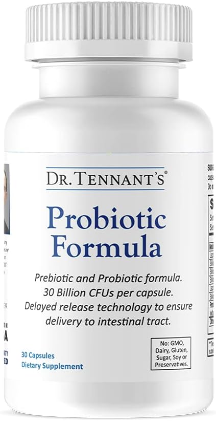 Dr. Tennant's Time-Release Probiotic Formula with Prebiotics - 30 Billion CFUs - Acid-Resistant Vegan Capsules - Gluten and Dairy-Free - No Refrigeration