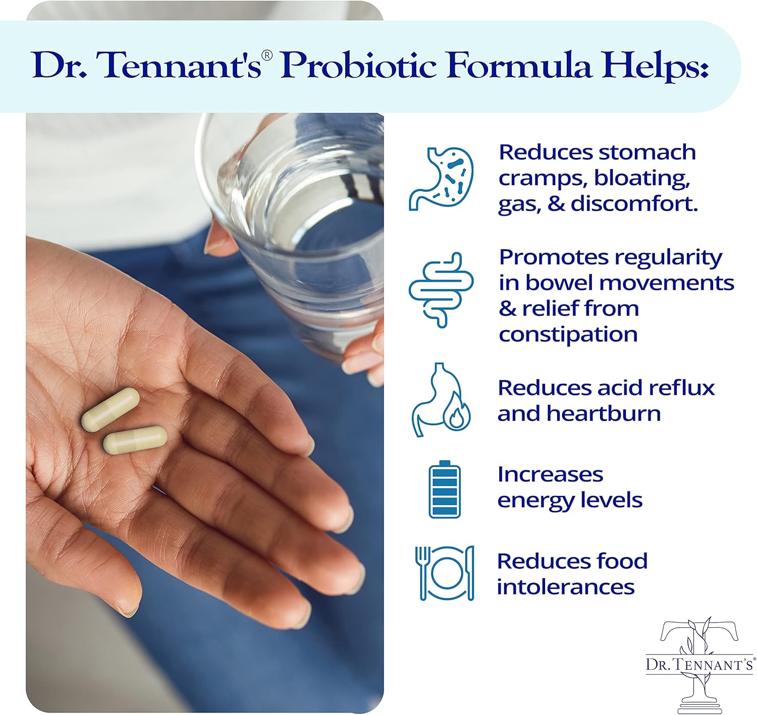 Dr. Tennant's Time-Release Probiotic Formula with Prebiotics - 30 Billion CFUs - Acid-Resistant Vegan Capsules - Gluten and Dairy-Free - No Refrigeration