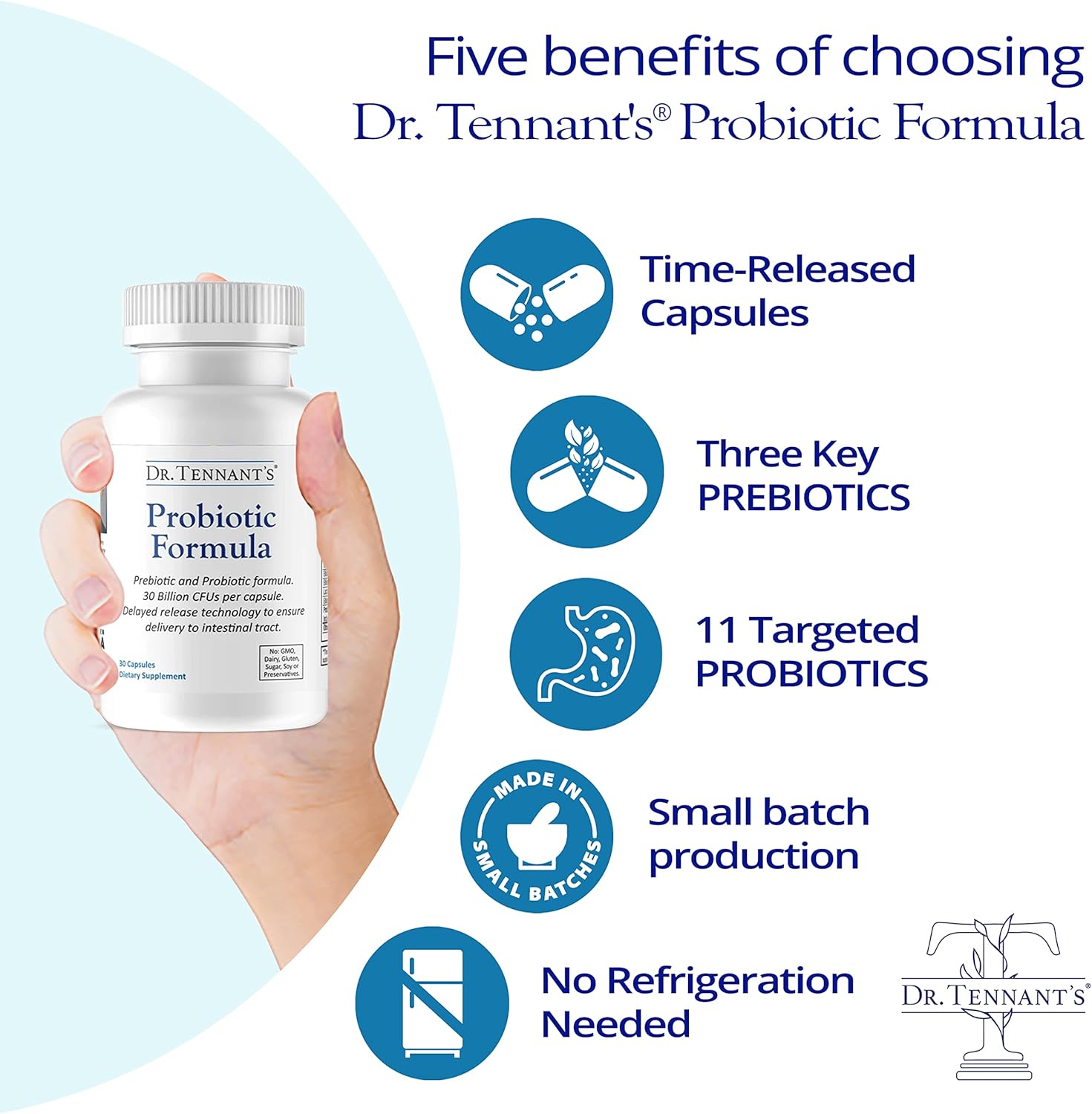 Dr. Tennant's Time-Release Probiotic Formula with Prebiotics - 30 Billion CFUs - Acid-Resistant Vegan Capsules - Gluten and Dairy-Free - No Refrigeration