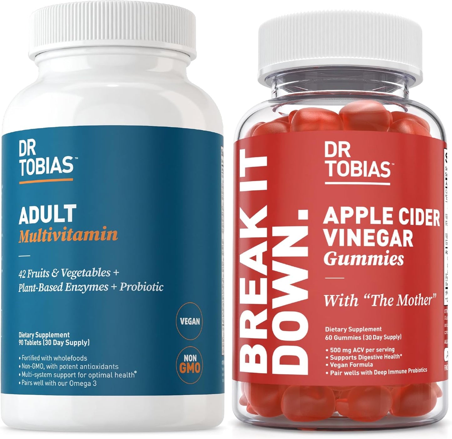 Dr. Tobias Adult Multivitamin & ACV Gummies for Energy, Immunity, Gut Health - 42 Fruits & Veggies, Probiotics, Folate, B12