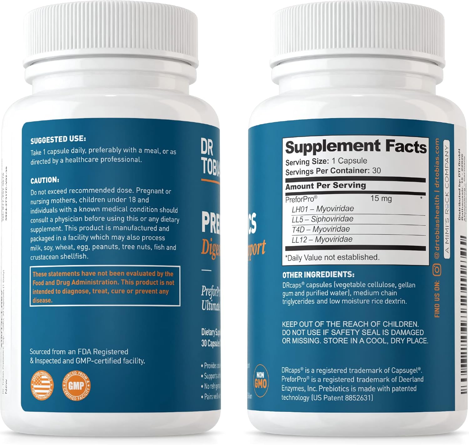 Dr. Tobias Prebiotic Supplements for Gut Health, Digestion Support, Vegan & Non-GMO, 30 Capsules