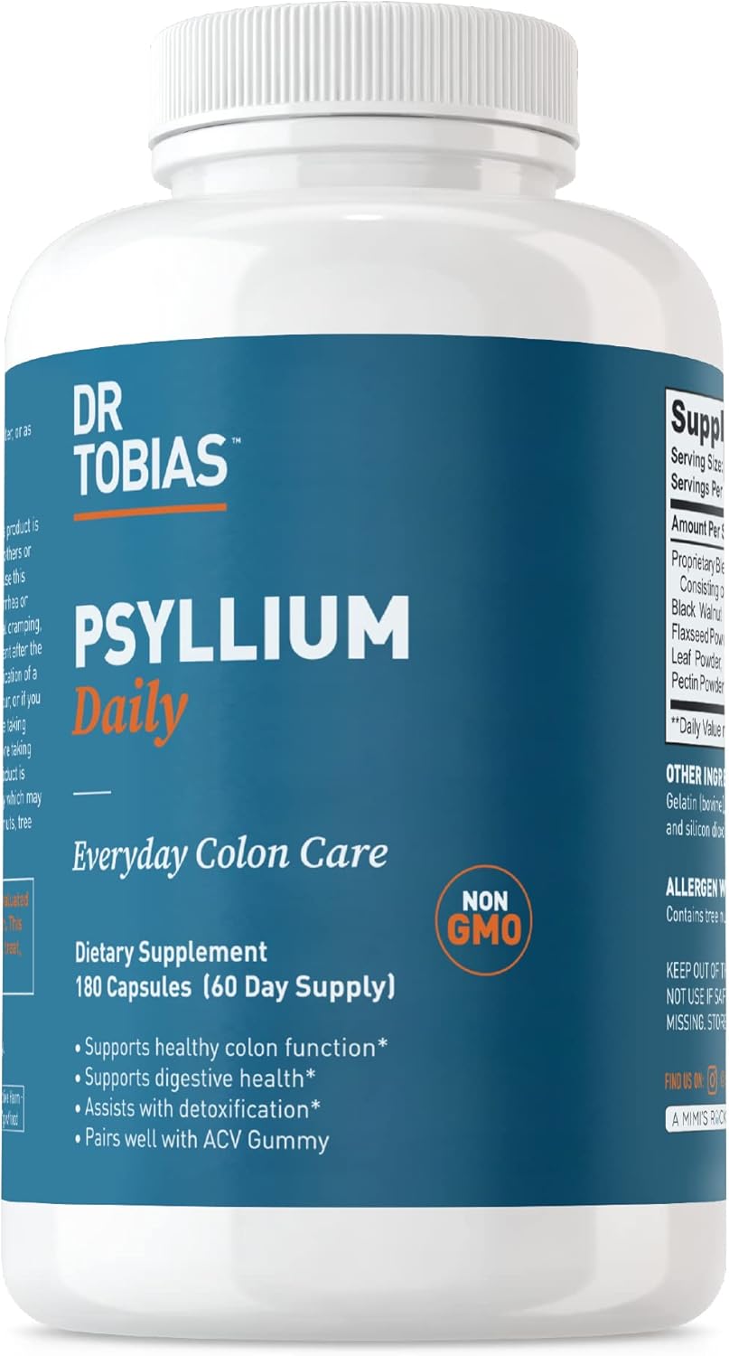 Dr. Tobias Psyllium Daily Fiber Supplement for Healthy Bowel Movement - 180 Capsules