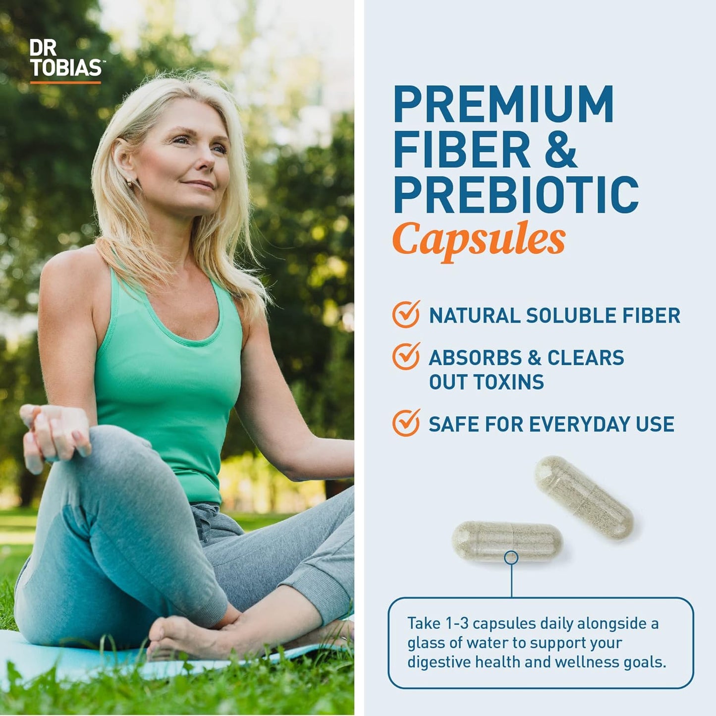 Dr. Tobias Psyllium Daily Fiber Supplement for Healthy Bowel Movement - 180 Capsules