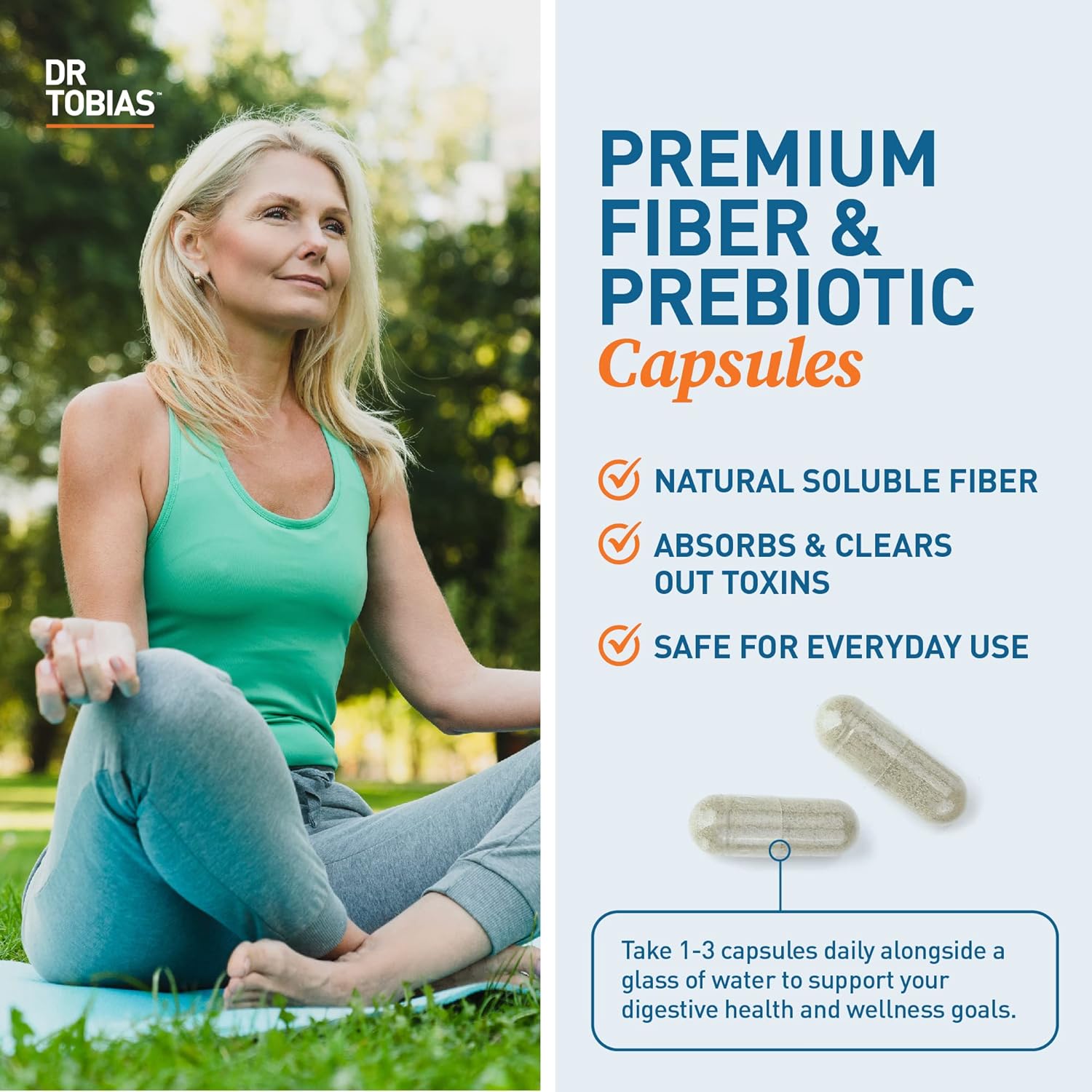 Dr. Tobias Psyllium Daily Fiber Supplement for Healthy Bowel Movement - 180 Capsules