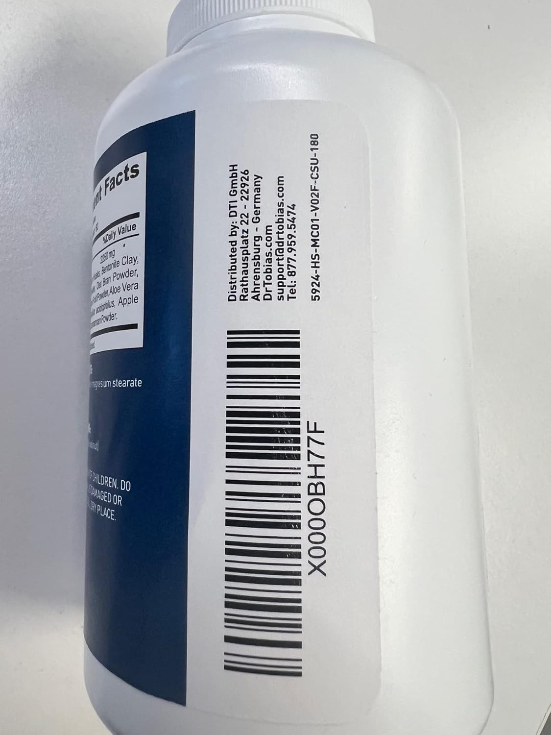 Dr. Tobias Psyllium Daily Fiber Supplement for Healthy Bowel Movement - 180 Capsules