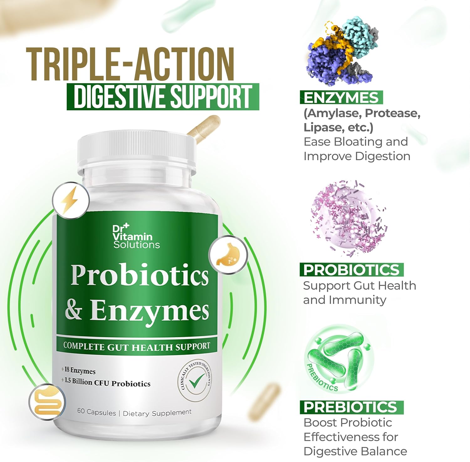 Dr. Vitamin Multi Enzymes with Pre and Probiotics for Digestive Health - 18 Enzymes & 1.5 Billion CFU Probiotics - Bloating Relief - 60 Capsules