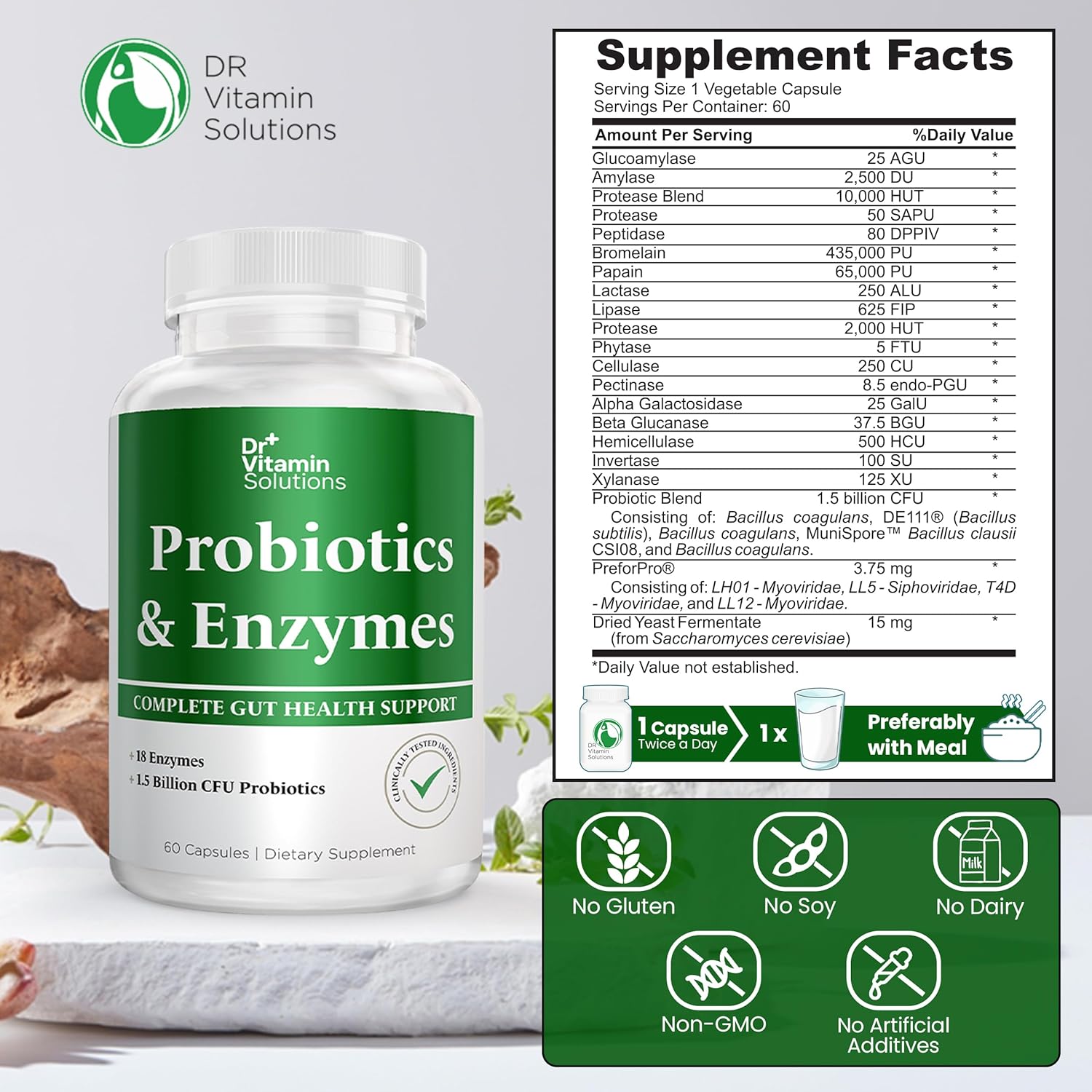 Dr. Vitamin Multi Enzymes with Pre and Probiotics for Digestive Health - 18 Enzymes & 1.5 Billion CFU Probiotics - Bloating Relief - 60 Capsules