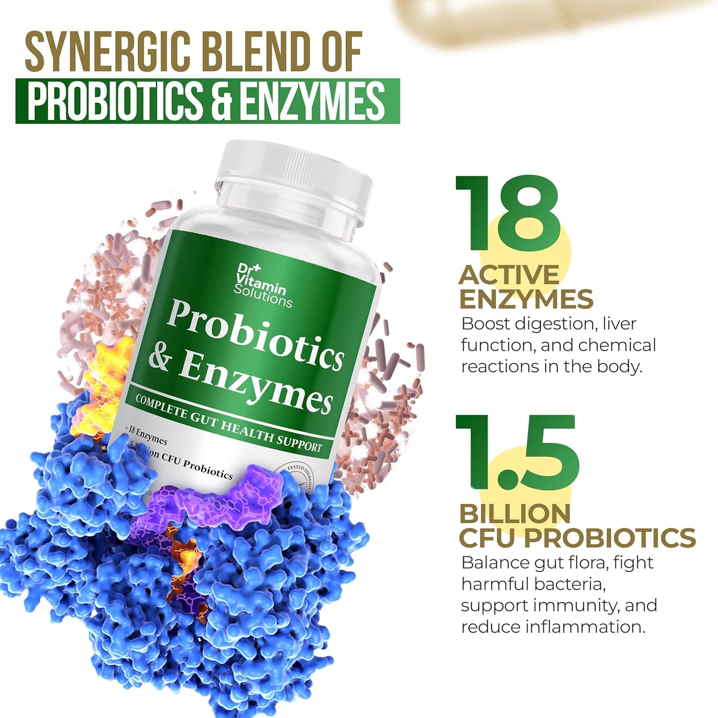 Dr. Vitamin Multi Enzymes with Pre and Probiotics for Digestive Health - 18 Enzymes & 1.5 Billion CFU Probiotics - Bloating Relief - 60 Capsules