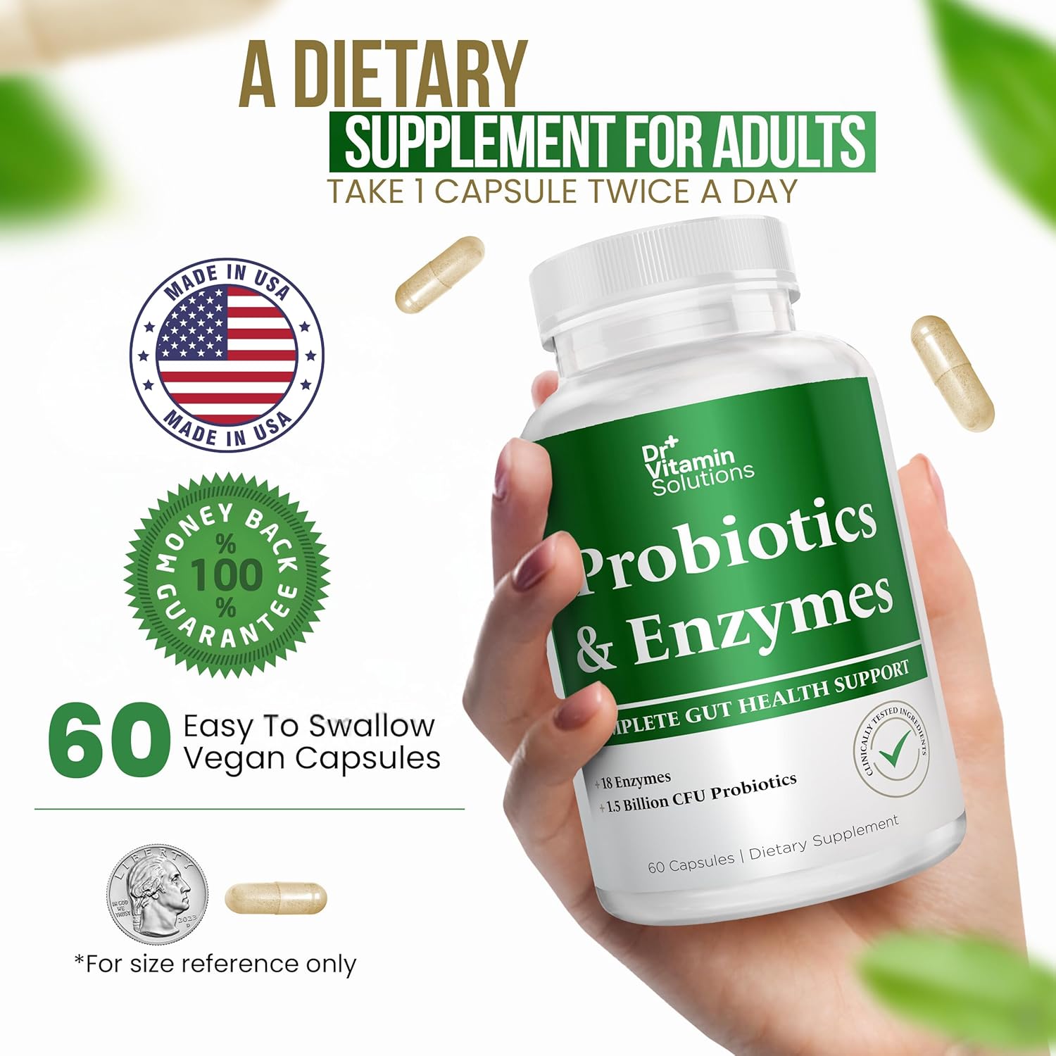 Dr. Vitamin Multi Enzymes with Pre and Probiotics for Digestive Health - 18 Enzymes & 1.5 Billion CFU Probiotics - Bloating Relief - 60 Capsules