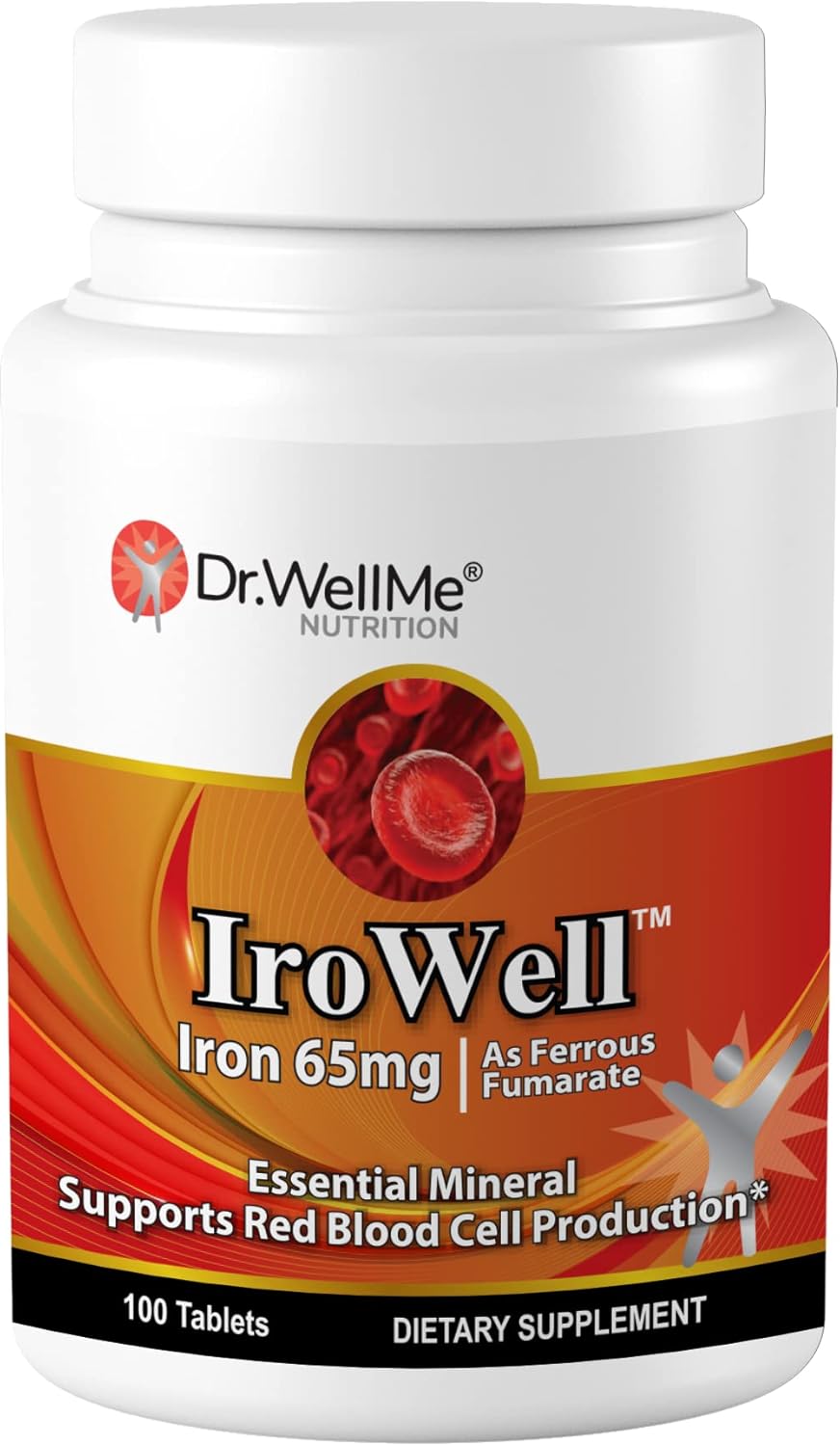 DR WELLME NUTRITION Irowell Iron Supplement Tablets, 65mg, 100 Count - Ferrous Fumarate Formula for Energy & Vitality