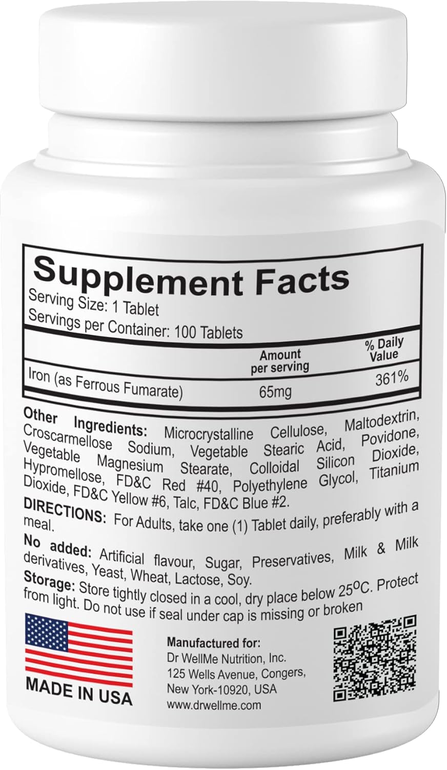 DR WELLME NUTRITION Irowell Iron Supplement Tablets, 65mg, 100 Count - Ferrous Fumarate Formula for Energy & Vitality