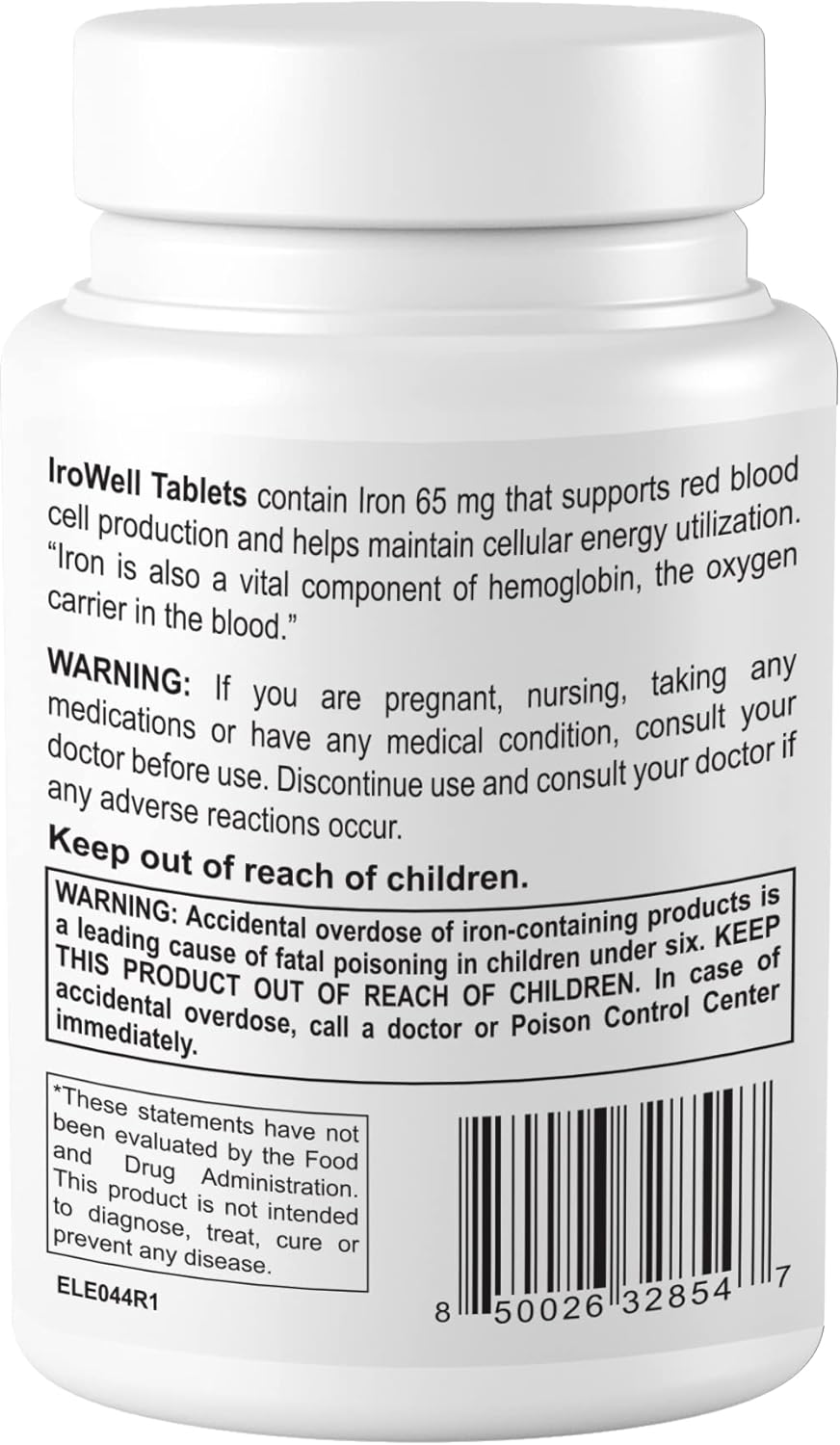 DR WELLME NUTRITION Irowell Iron Supplement Tablets, 65mg, 100 Count - Ferrous Fumarate Formula for Energy & Vitality