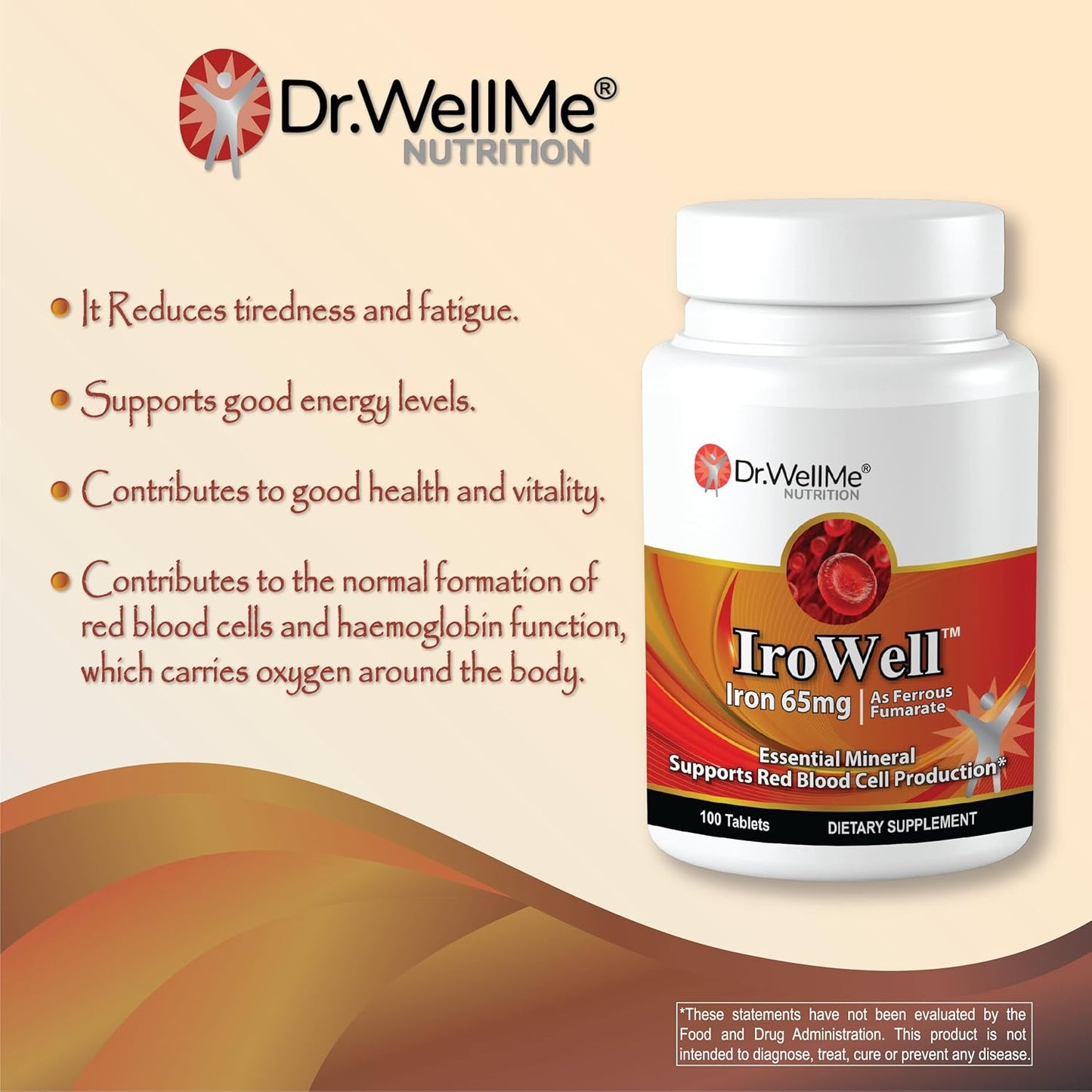 DR WELLME NUTRITION Irowell Iron Supplement Tablets, 65mg, 100 Count - Ferrous Fumarate Formula for Energy & Vitality