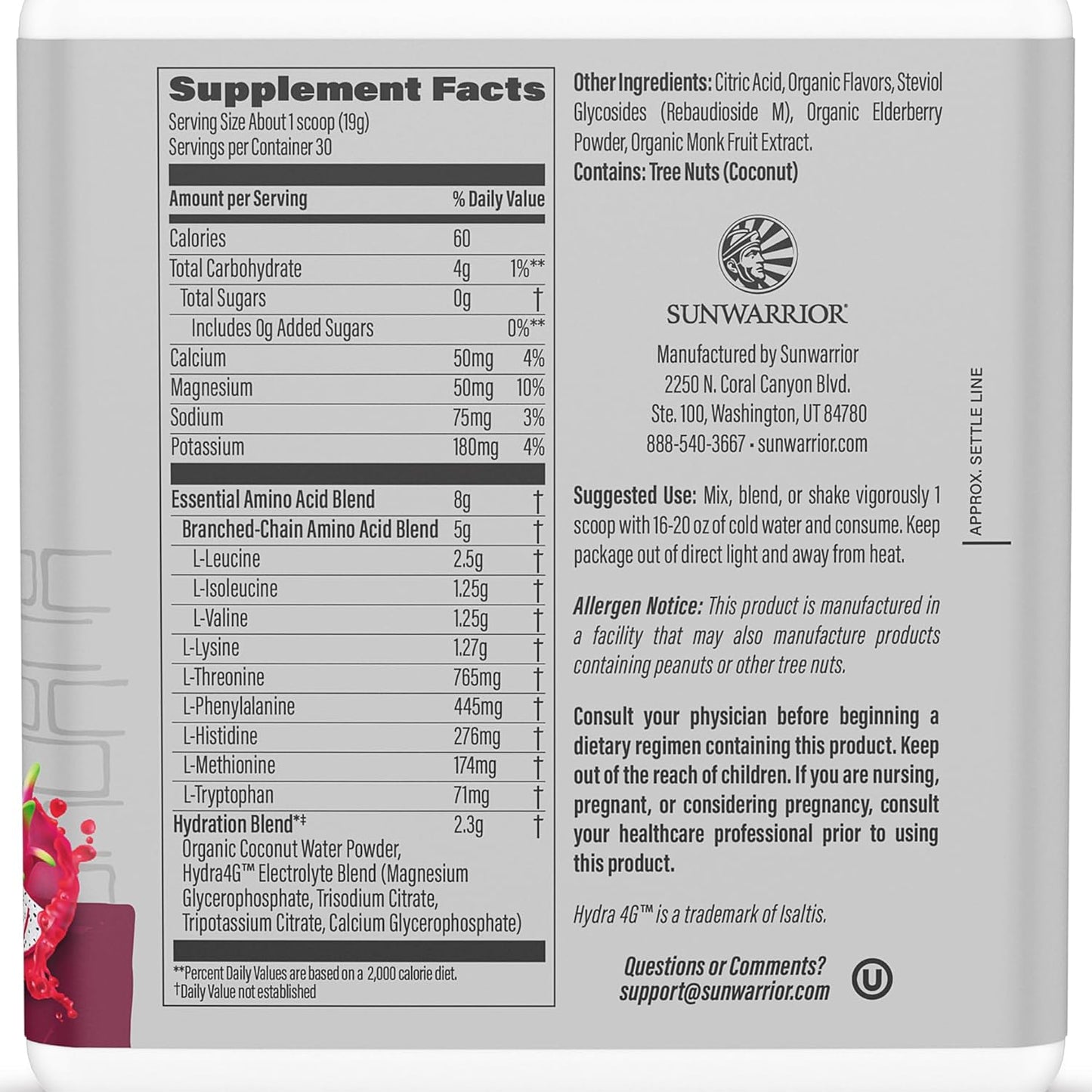 Dragon Fruit Flavored Sunwarrior Active Aminos: Essential Amino Acids Powder for Muscle Repair, Hydration, and Recovery with Energy Boost - 30 Servings