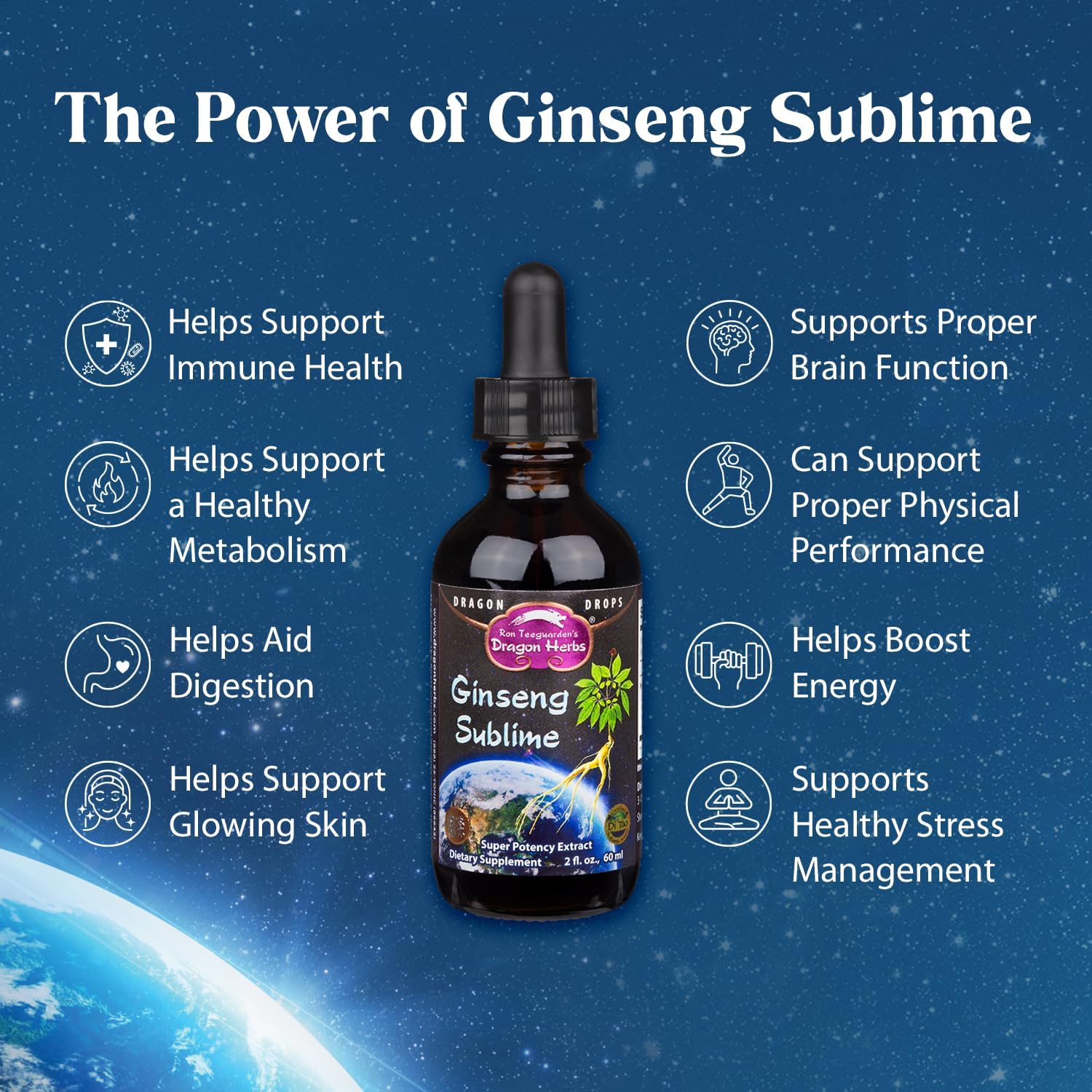 Dragon Herbs Ginseng Sublime Drops - Natural Energy & Immune Support Supplement - American, Red, White Ginseng - 2 fl. oz