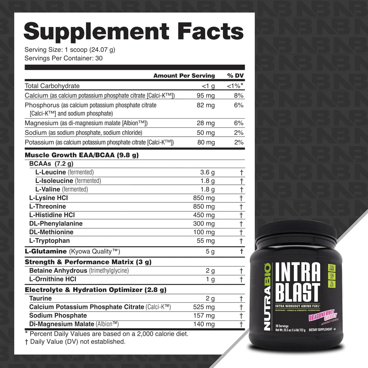 Dragonfruit Candy NutraBio Intra Blast BCAA EAA Electrolyte Hydration Powder for Amino Acid Supplement - Gluten Free, Non-GMO - 30 Servings