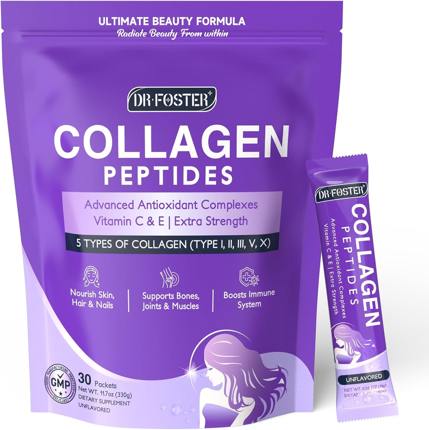 DRFOSTER Collagen Peptides Powder Packets - Women's Multi Collagen Type I, II, III, V, X with Antioxidants, Vitamin C & E - Non-GMO, 30 Sticks