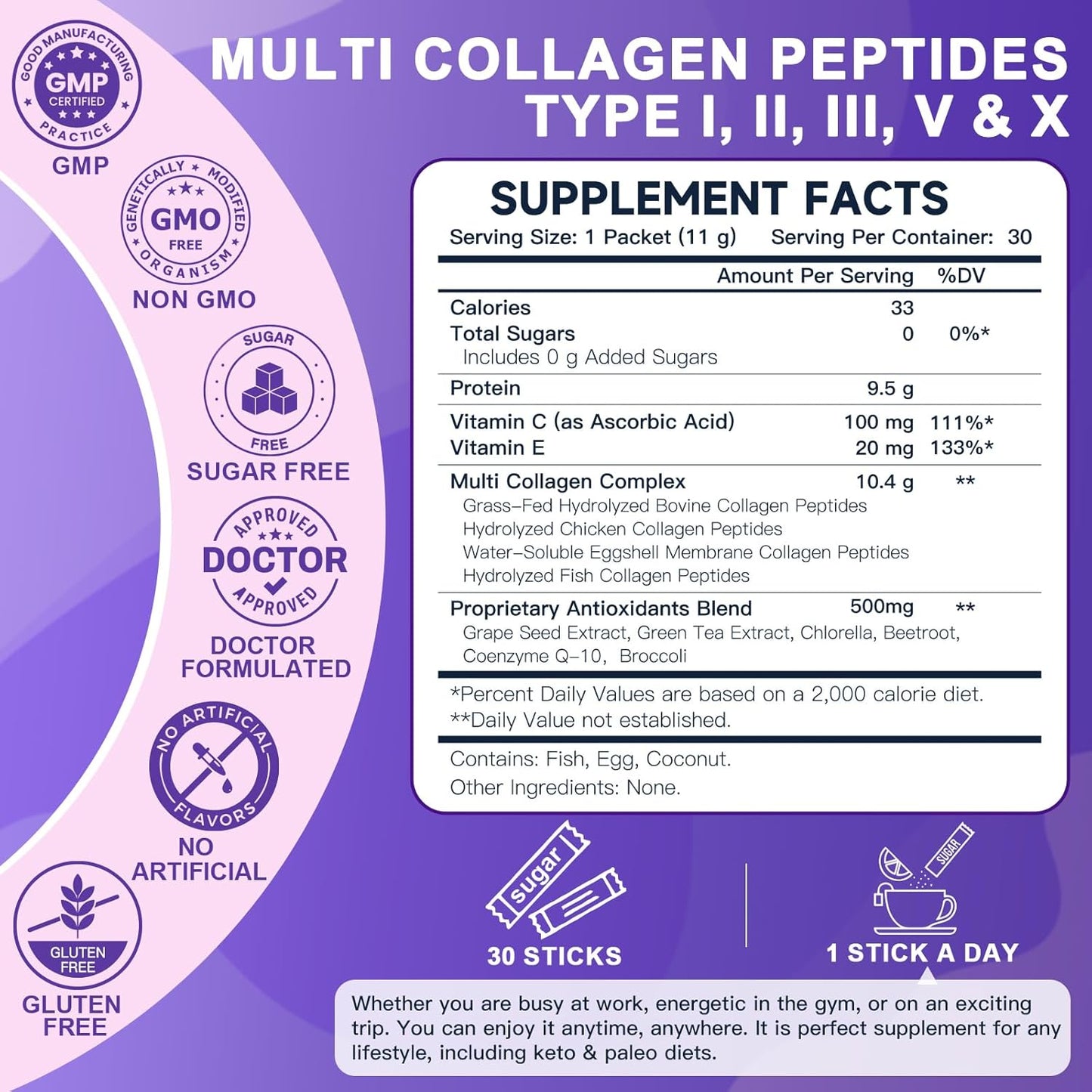 DRFOSTER Collagen Peptides Powder Packets - Women's Multi Collagen Type I, II, III, V, X with Antioxidants, Vitamin C & E - Non-GMO, 30 Sticks