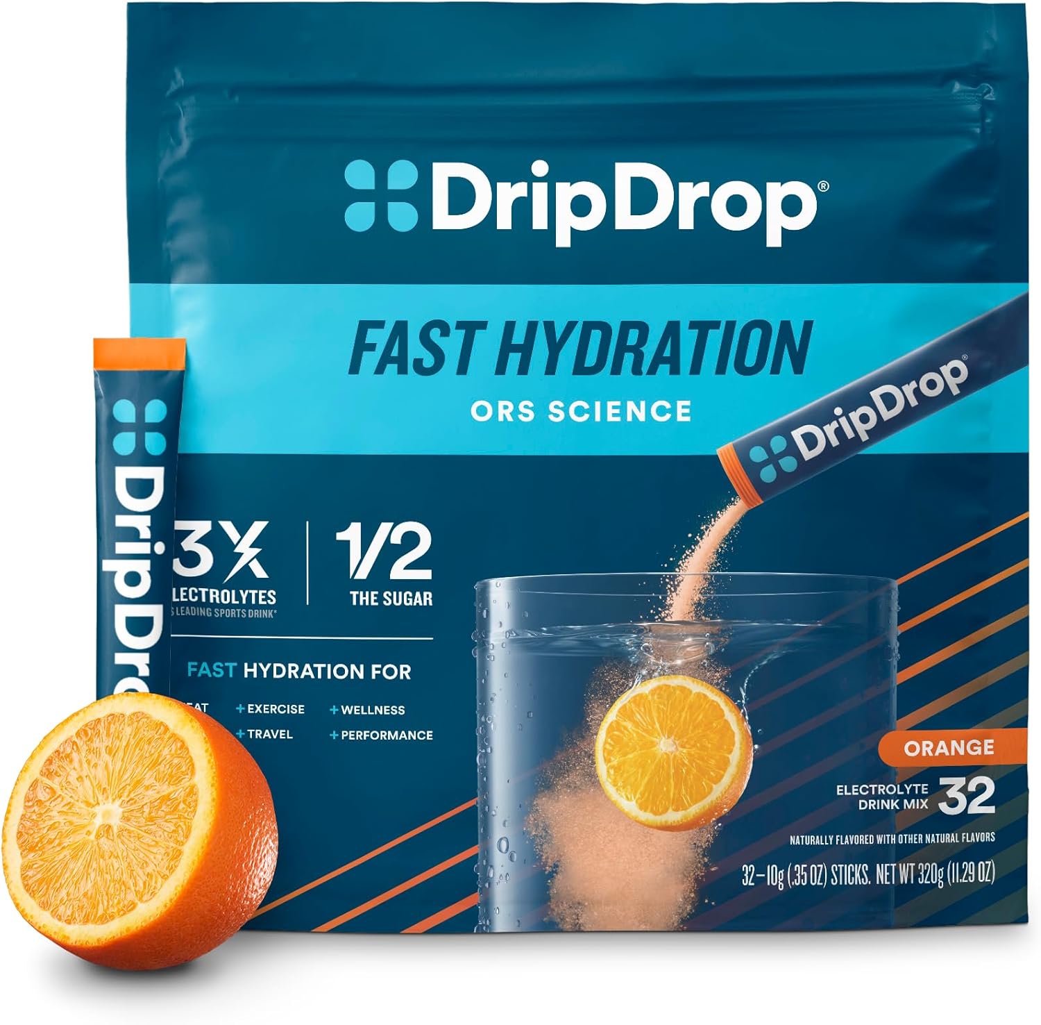 DripDrop Hydration Orange Electrolyte Drink Mix Powder Packets - 32 Single Serve Sticks | Non-GMO, Gluten Free, Vegan