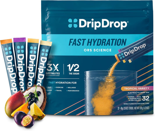 DripDrop Hydration Tropical Variety Pack - Electrolyte Drink Mix Powder Packets - Mango, Açaí, Passion Fruit, Piña Colada - 32 Sticks, Non-GMO, Gluten Free, Vegan