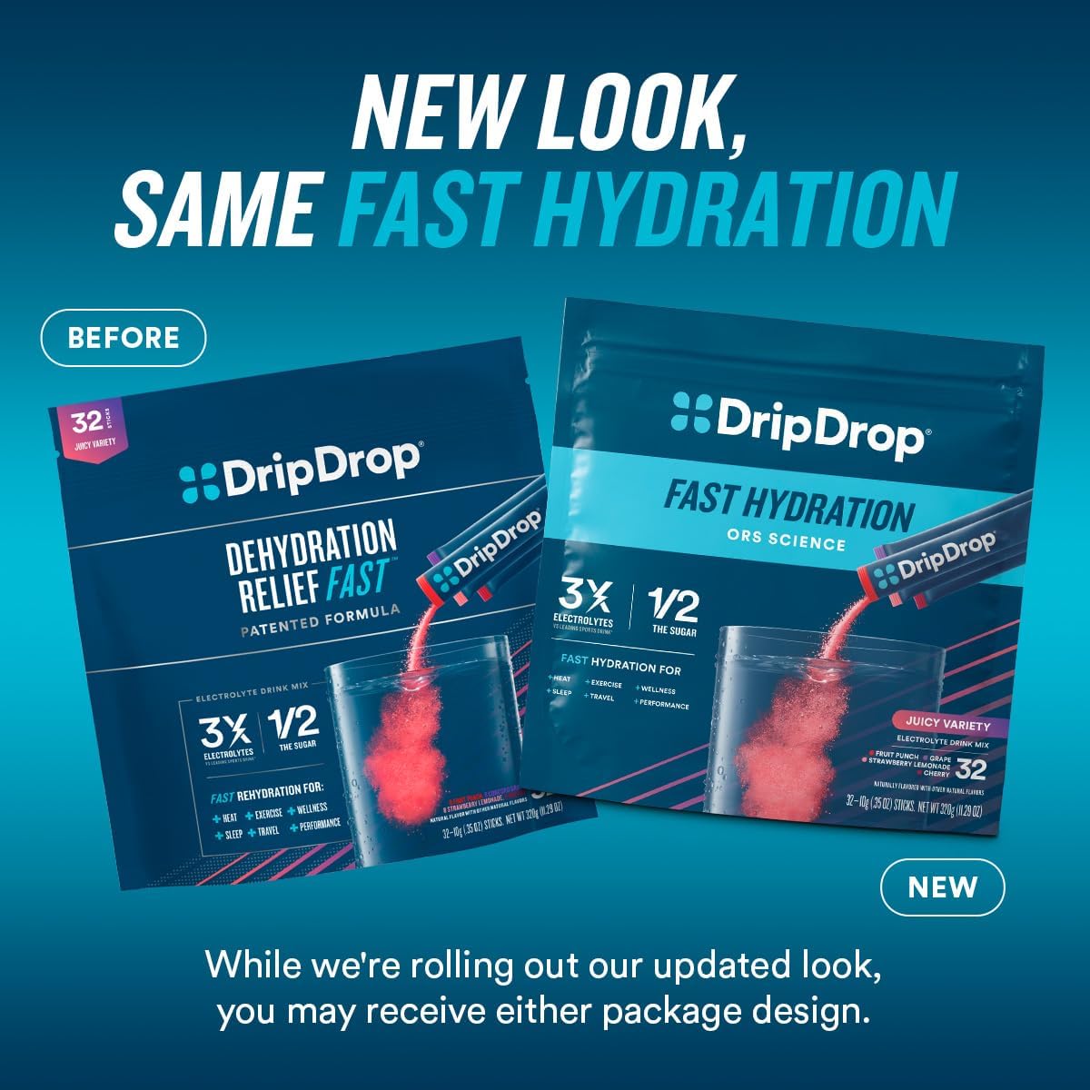 DripDrop Hydration Tropical Variety Pack - Electrolyte Drink Mix Powder Packets - Mango, Açaí, Passion Fruit, Piña Colada - 32 Sticks, Non-GMO, Gluten Free, Vegan